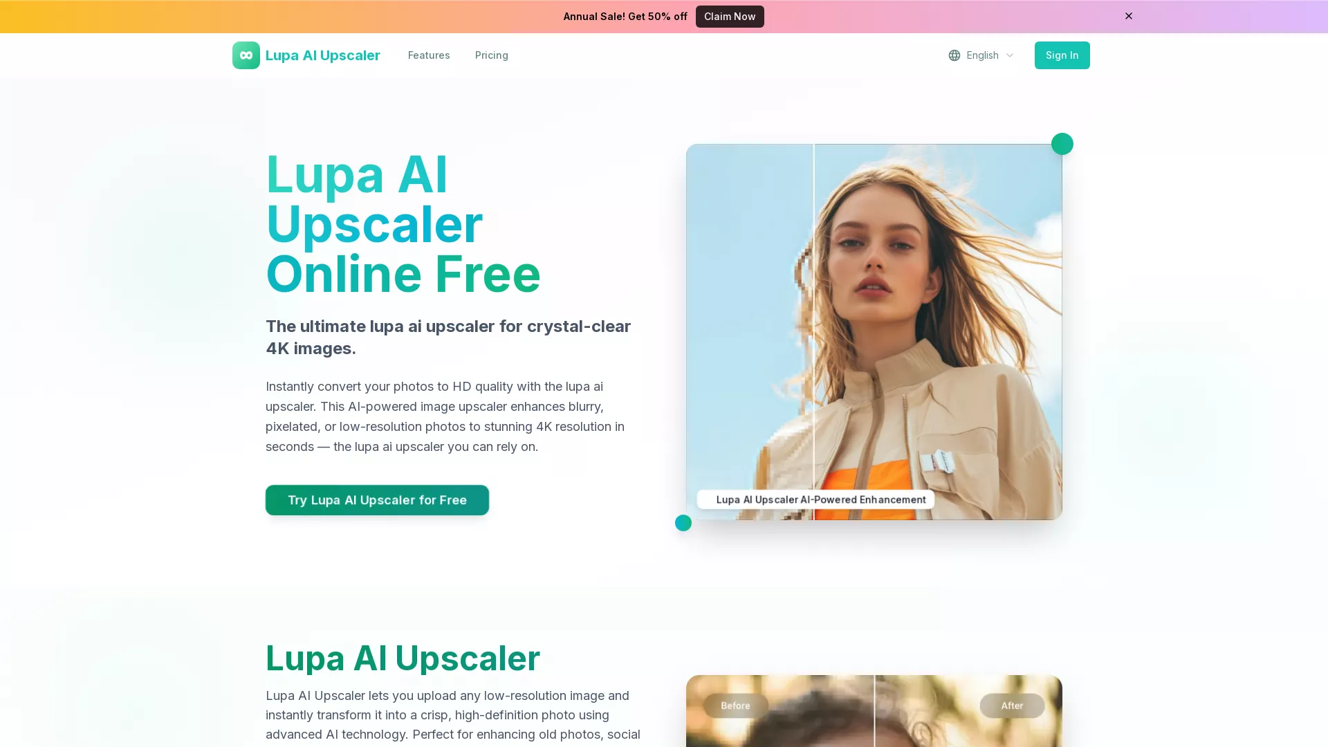 LupaAI - Image Upscaling AI Website Screenshot
