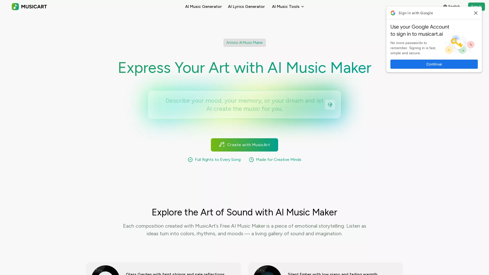 MusicArt - AI Music Generator Website Screenshot