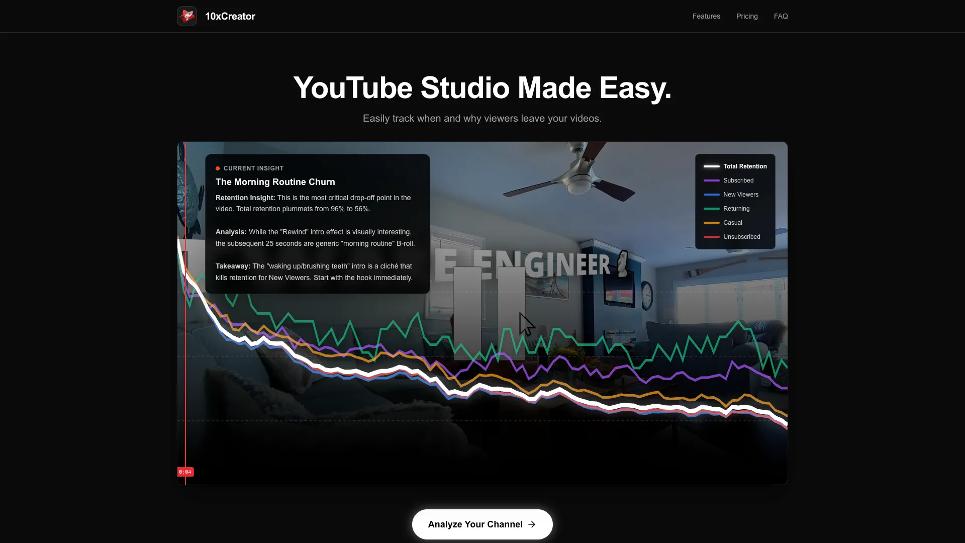 10xCreator - AI YouTube Analytics Tool Website Screenshot