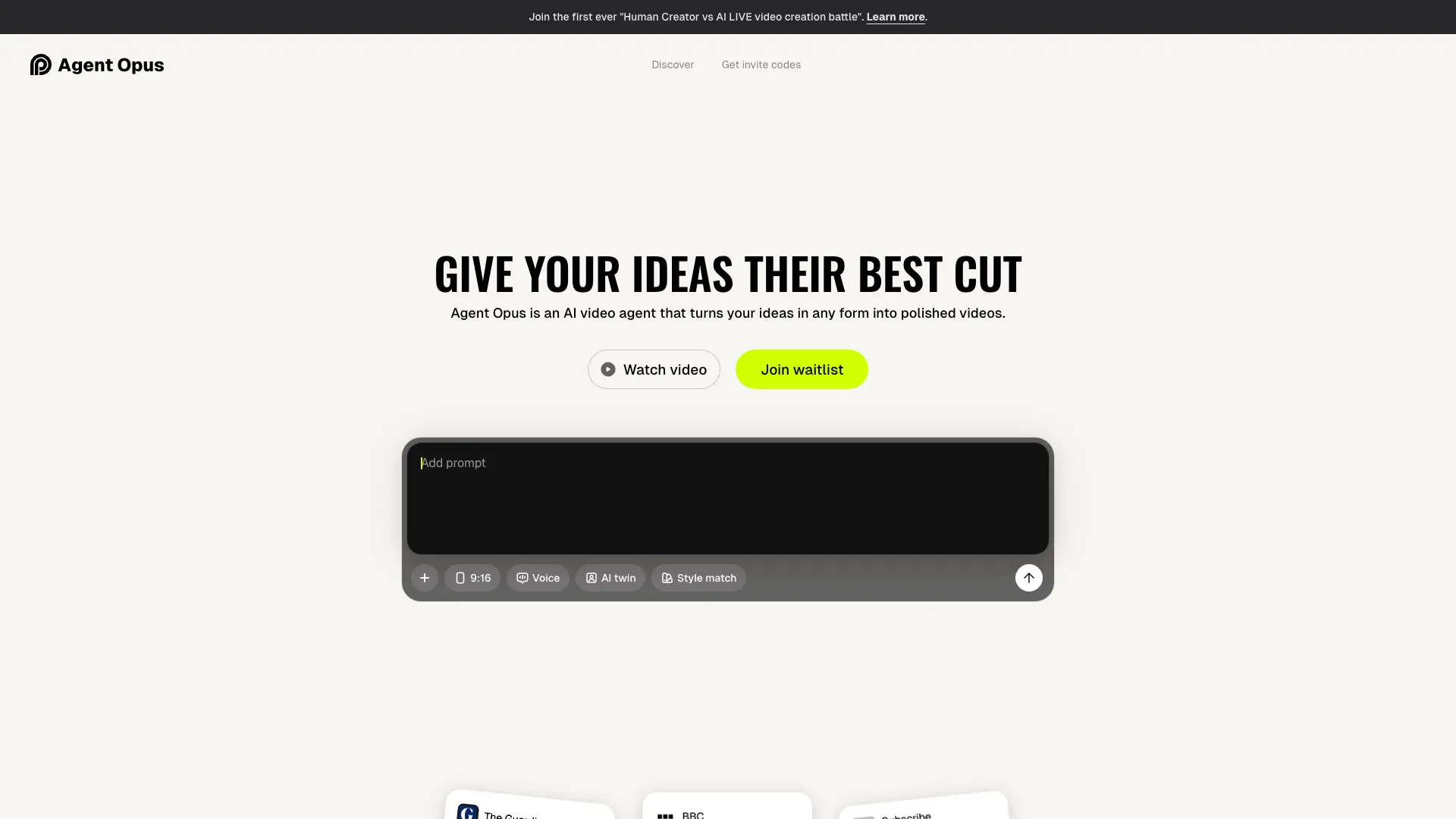 Agent Opus - AI video generator that transforms ideas, blogs, and headlines into stunning videos Website Screenshot