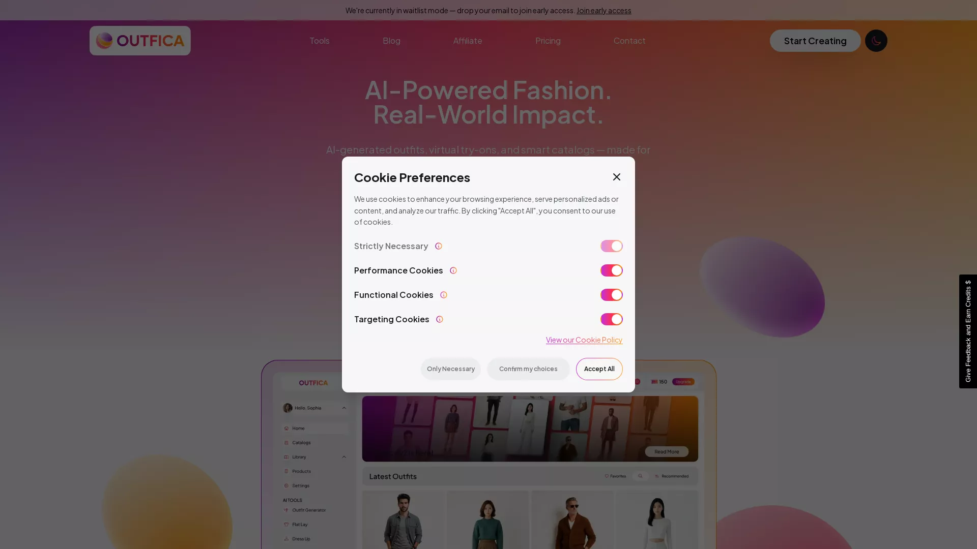 Outfica - AI Fashion Photo Generator Website Screenshot