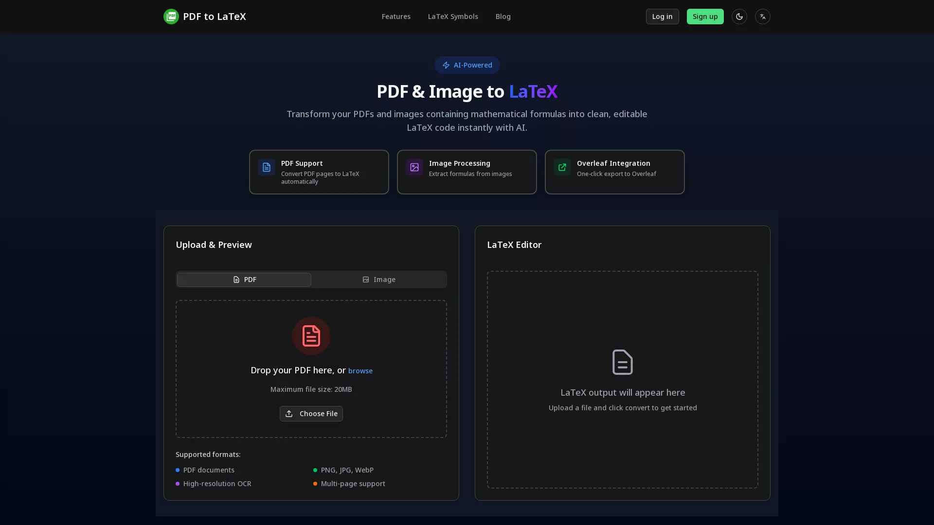 PdfToLaTeX - AI PDF to LaTeX Website Screenshot