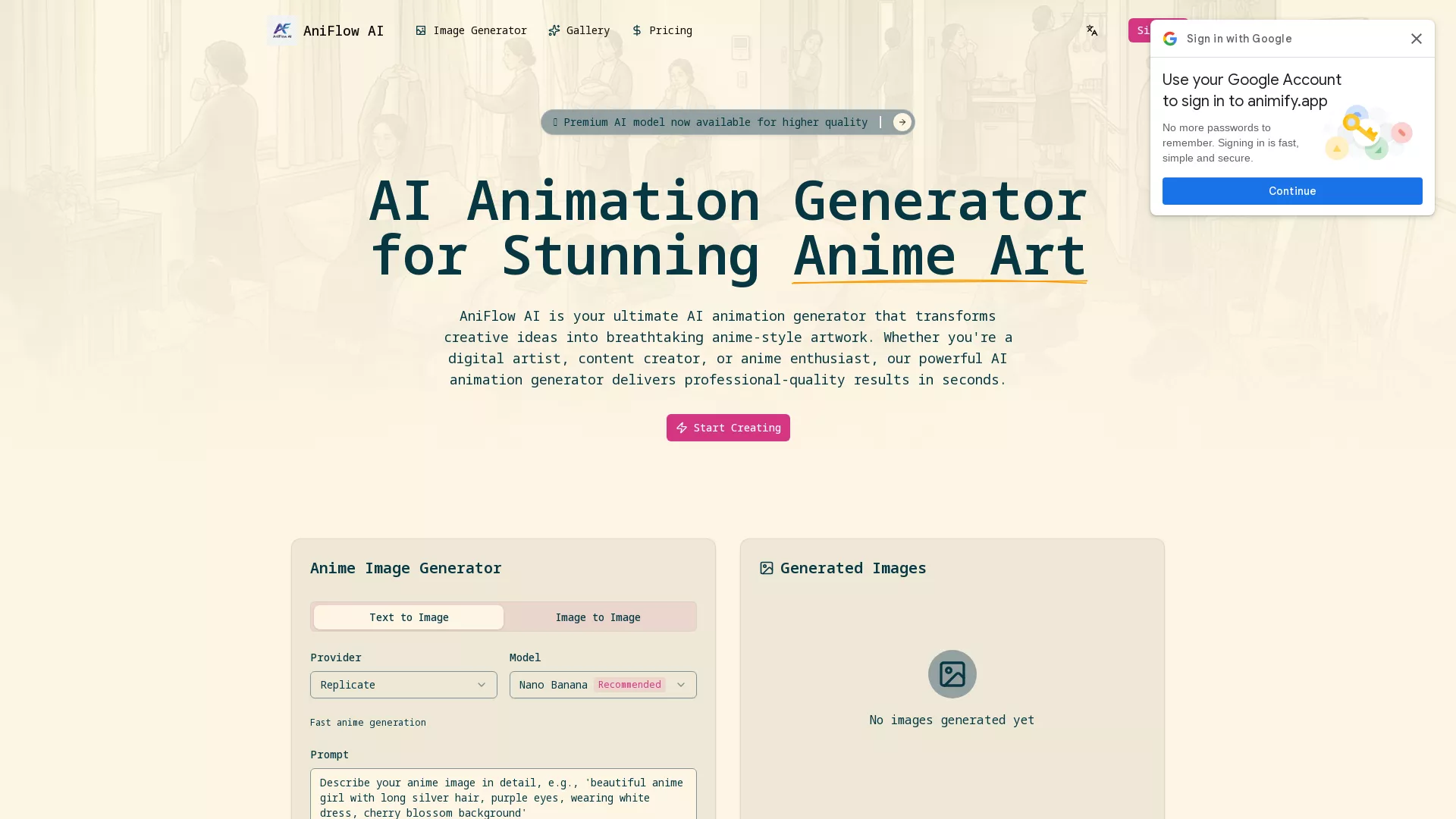 AniFlowAI - AI Anime Image Generator Website Screenshot
