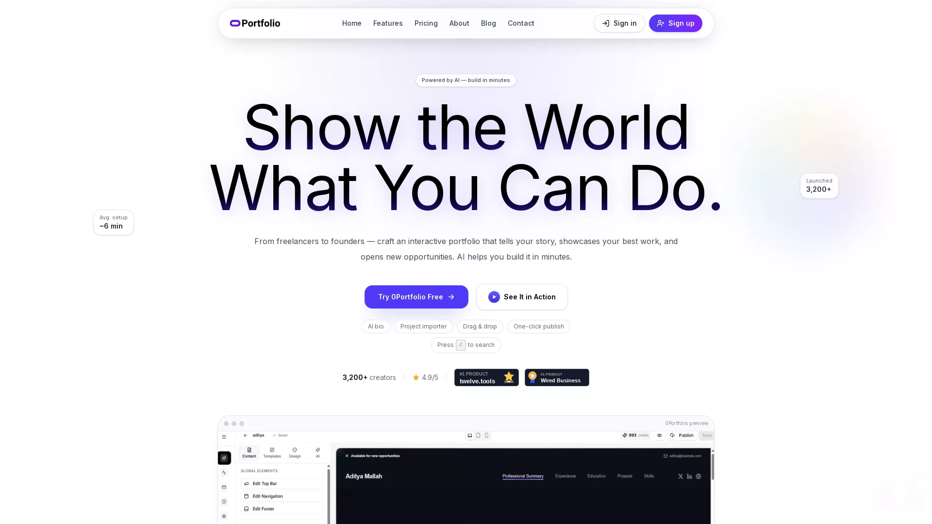 ZeroPortfolio - AI Portfolio Builder Website Screenshot