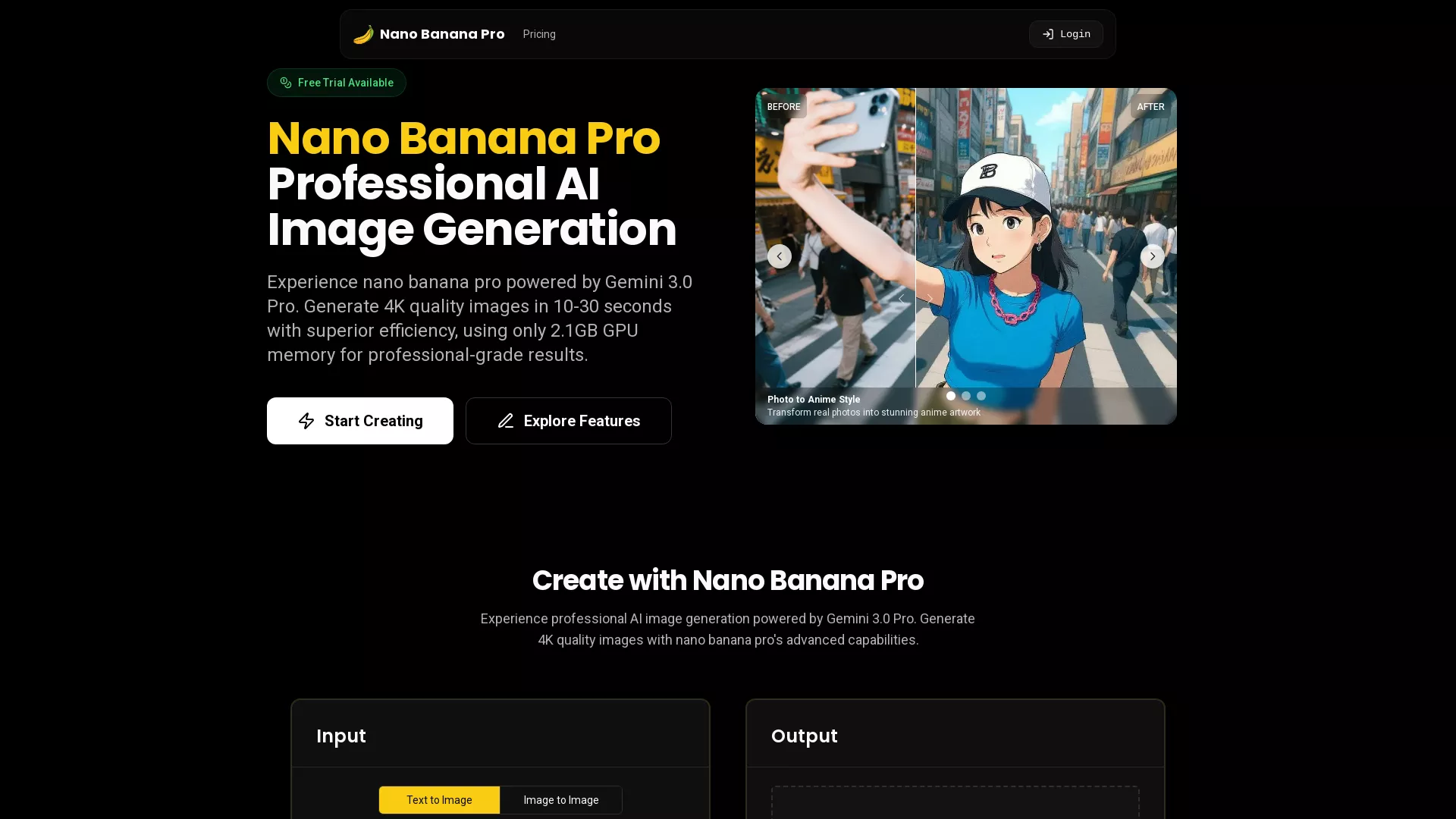 NanoBananaPro - AI Image Generation Tool Website Screenshot