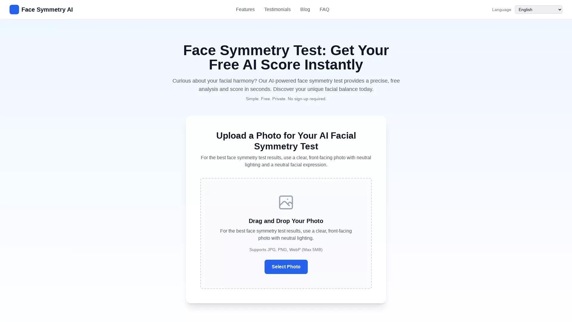 FaceSymmetryTest - AI Facial Symmetry Analysis Website Screenshot
