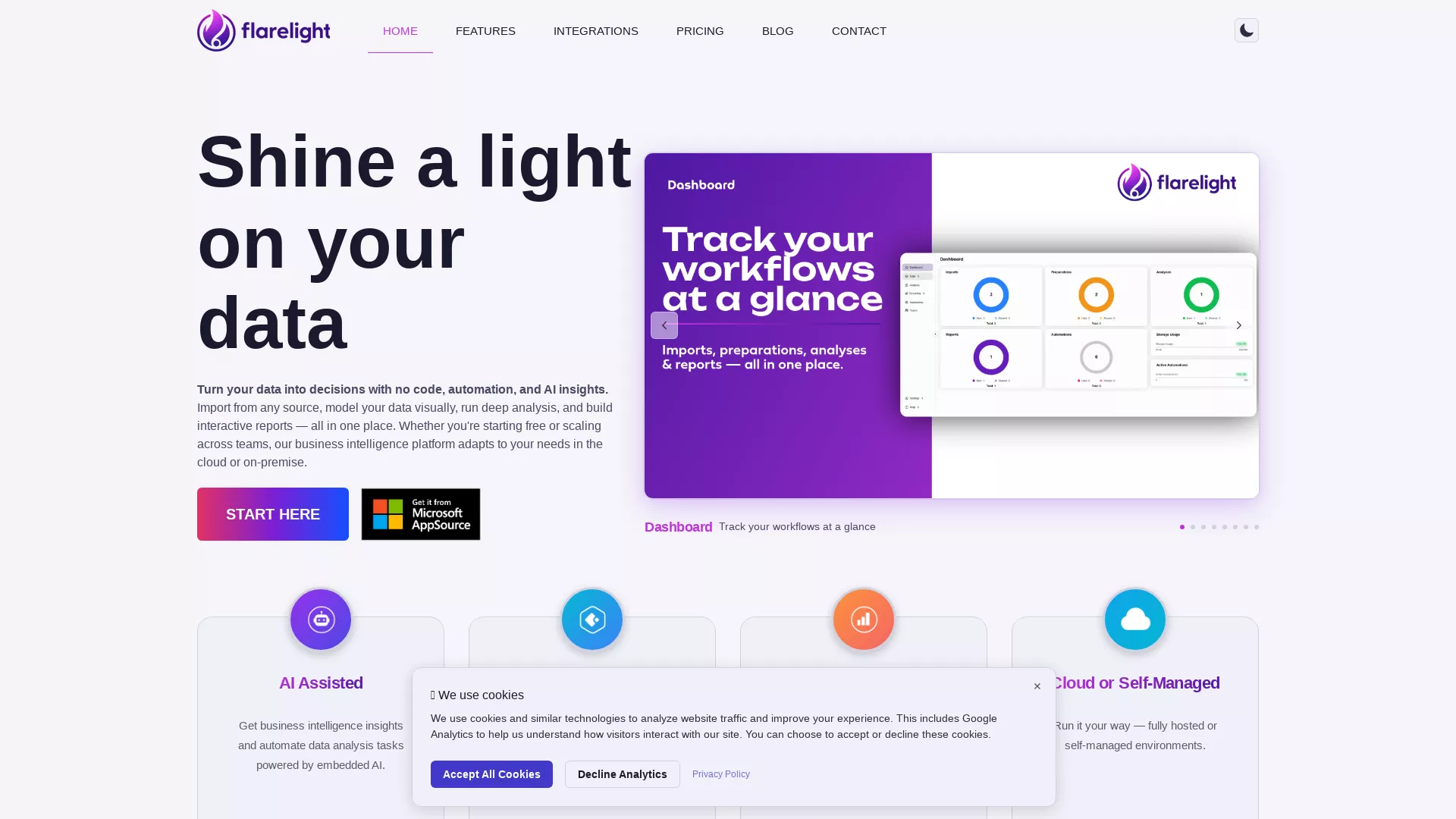 Flarelight - AI Business Intelligence Platform Website Screenshot