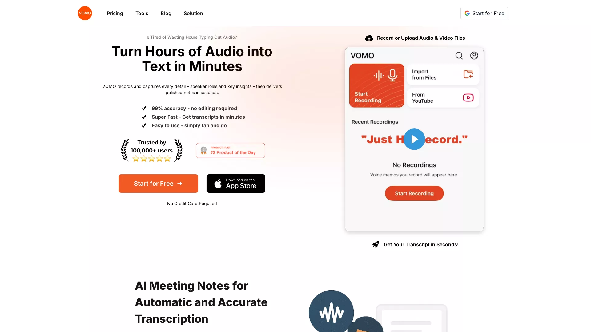 VOMOAI - AI Transcription And Summarization Website Screenshot