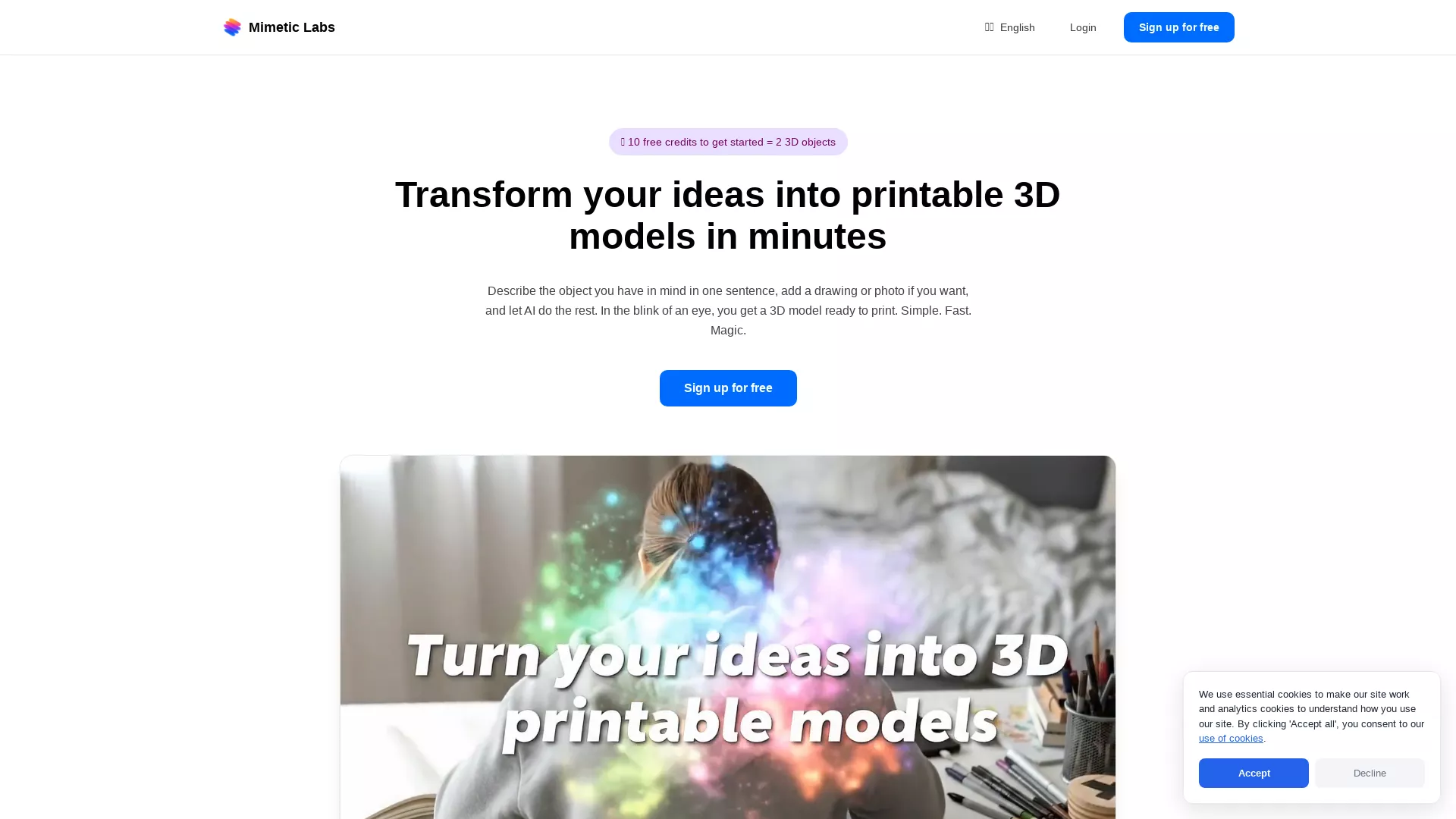 MimeticLabs - 3D Model Generation Tool Website Screenshot