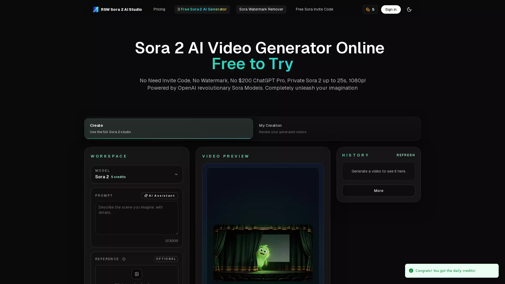 RSWSora2AISTUDIO - AI TextToVideoGenerator Website Screenshot