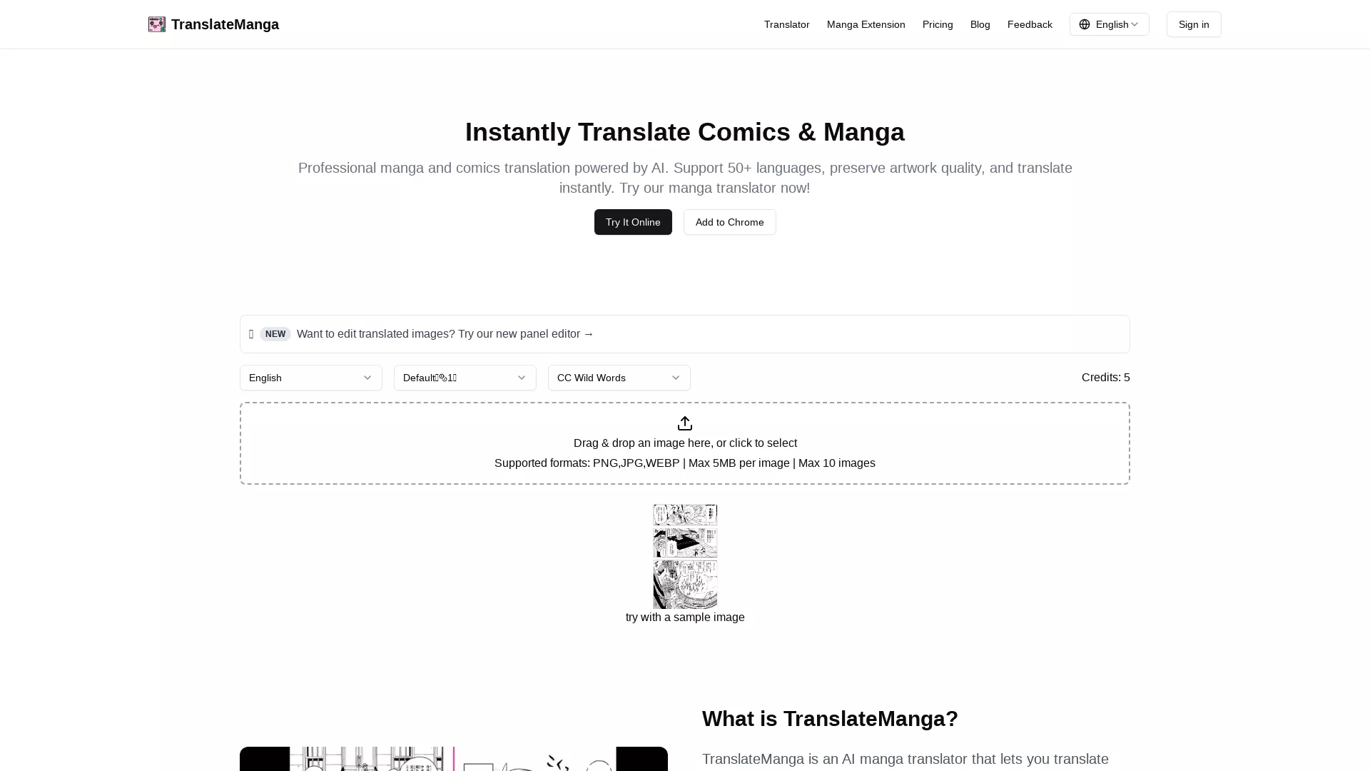 TranslateManga - AI Manga Translator Website Screenshot