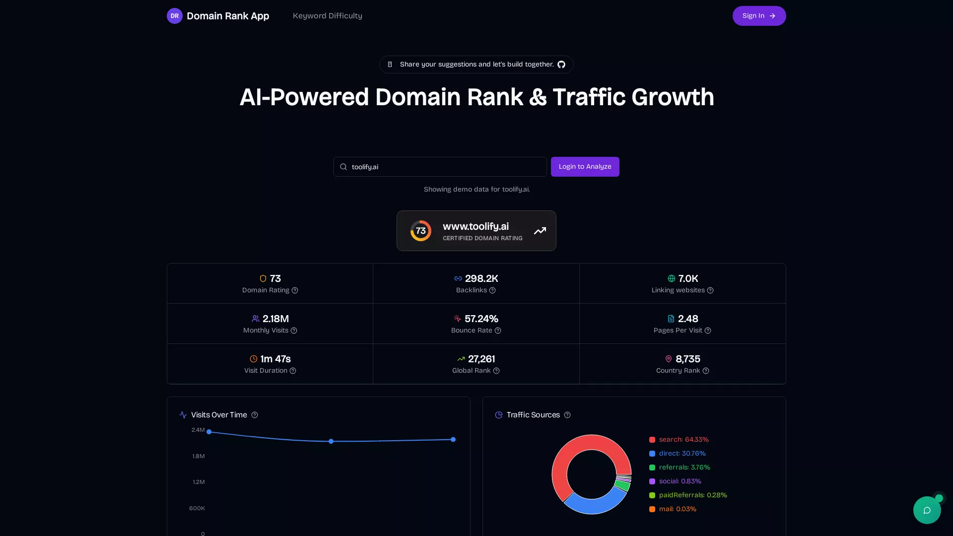 Domain Rank App - AI-Powered Domain Rank & Traffic Growth Website Screenshot