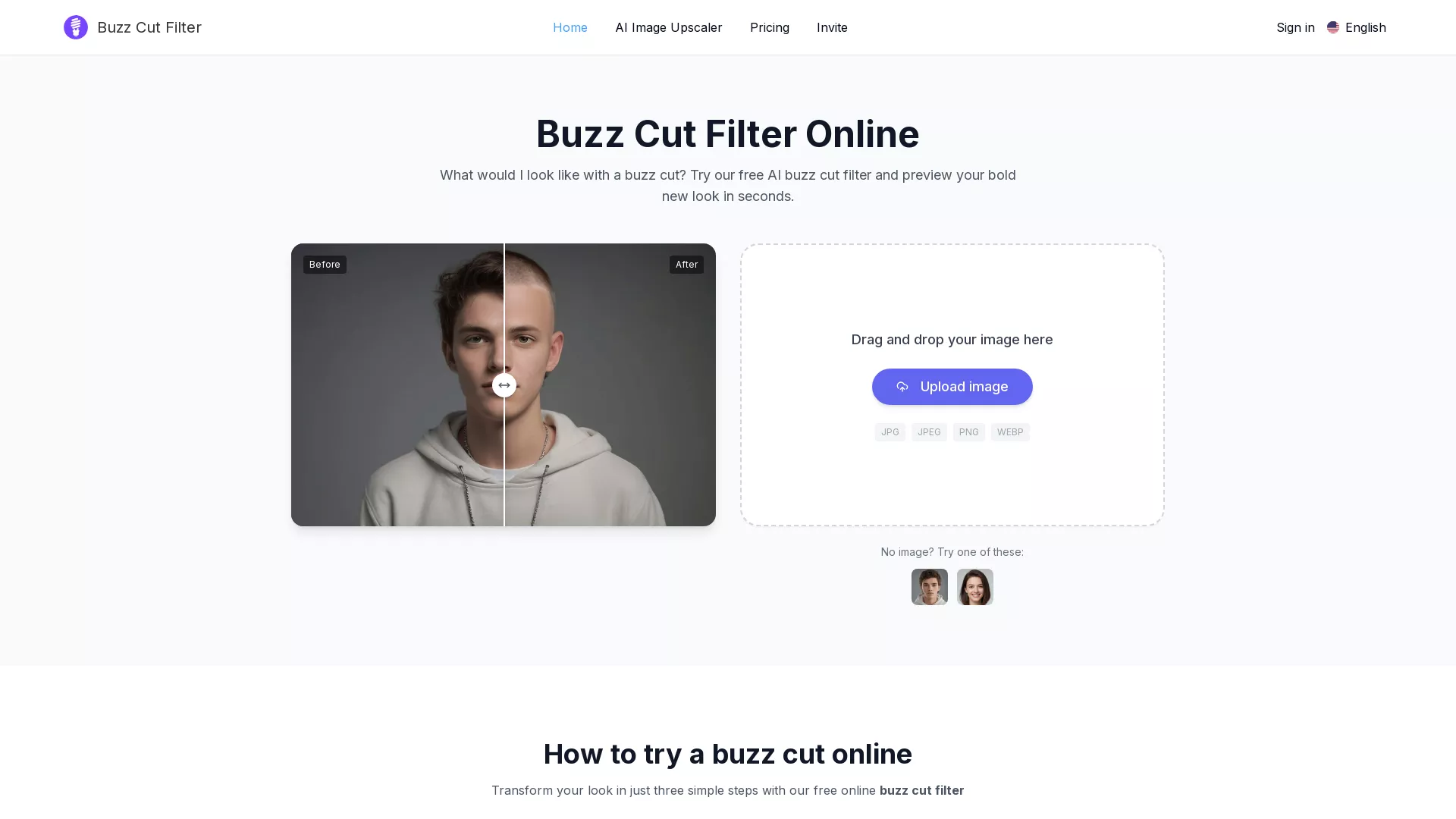 BuzzCutFilter - AI Hairstyle Virtual Try-On Website Screenshot