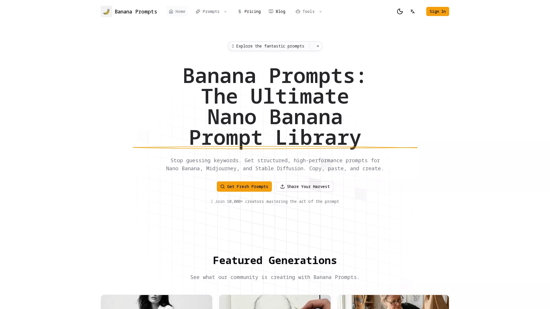 BananaPrompts - Ai Art Prompt Library Website Screenshot