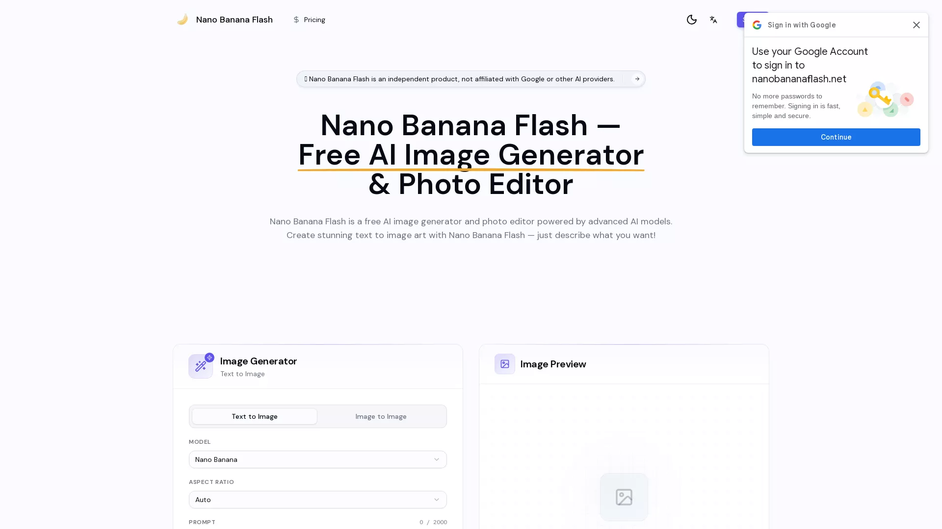 NanoBananaFlash - AI Image Generation Editor Website Screenshot