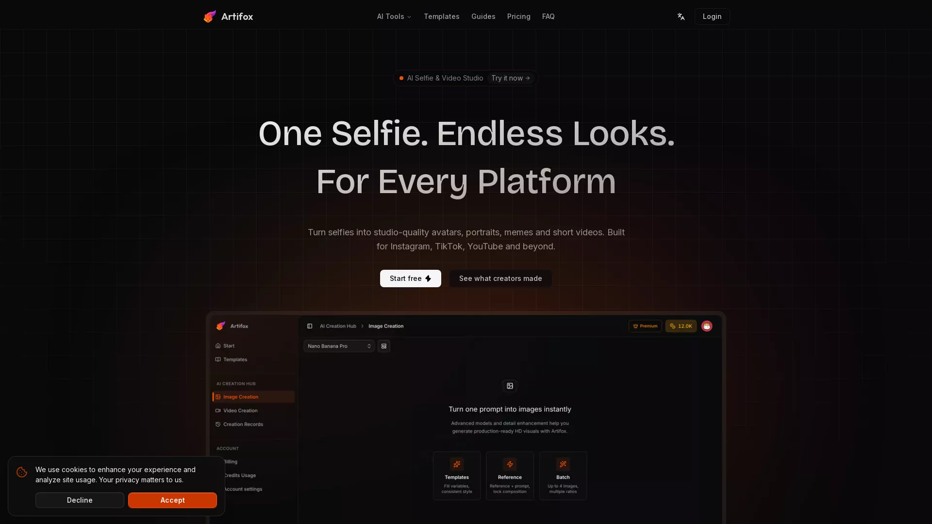 Artifox - AI Avatar Creator Website Screenshot