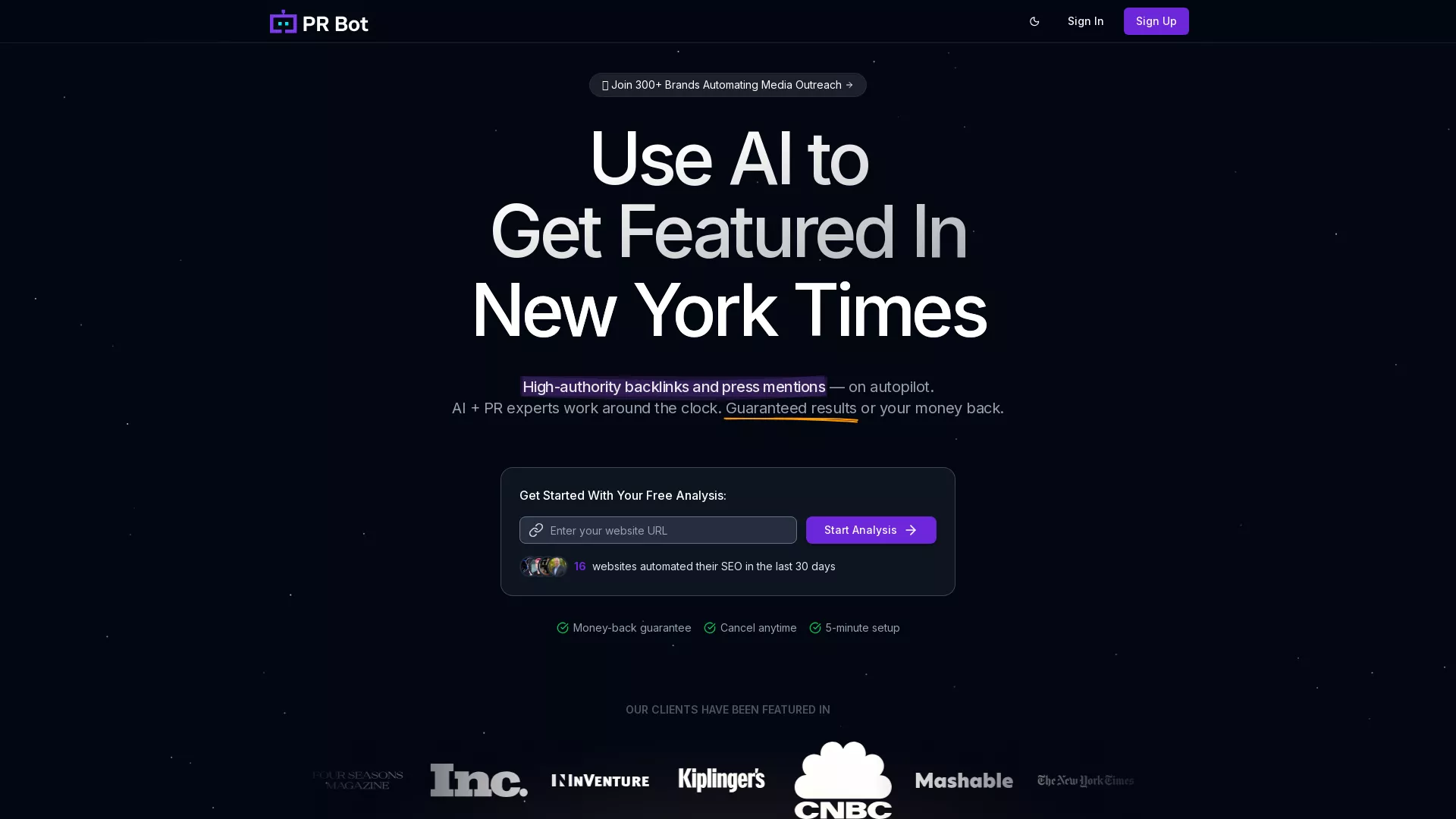 PR Bot - AI Link Building Tool Website Screenshot