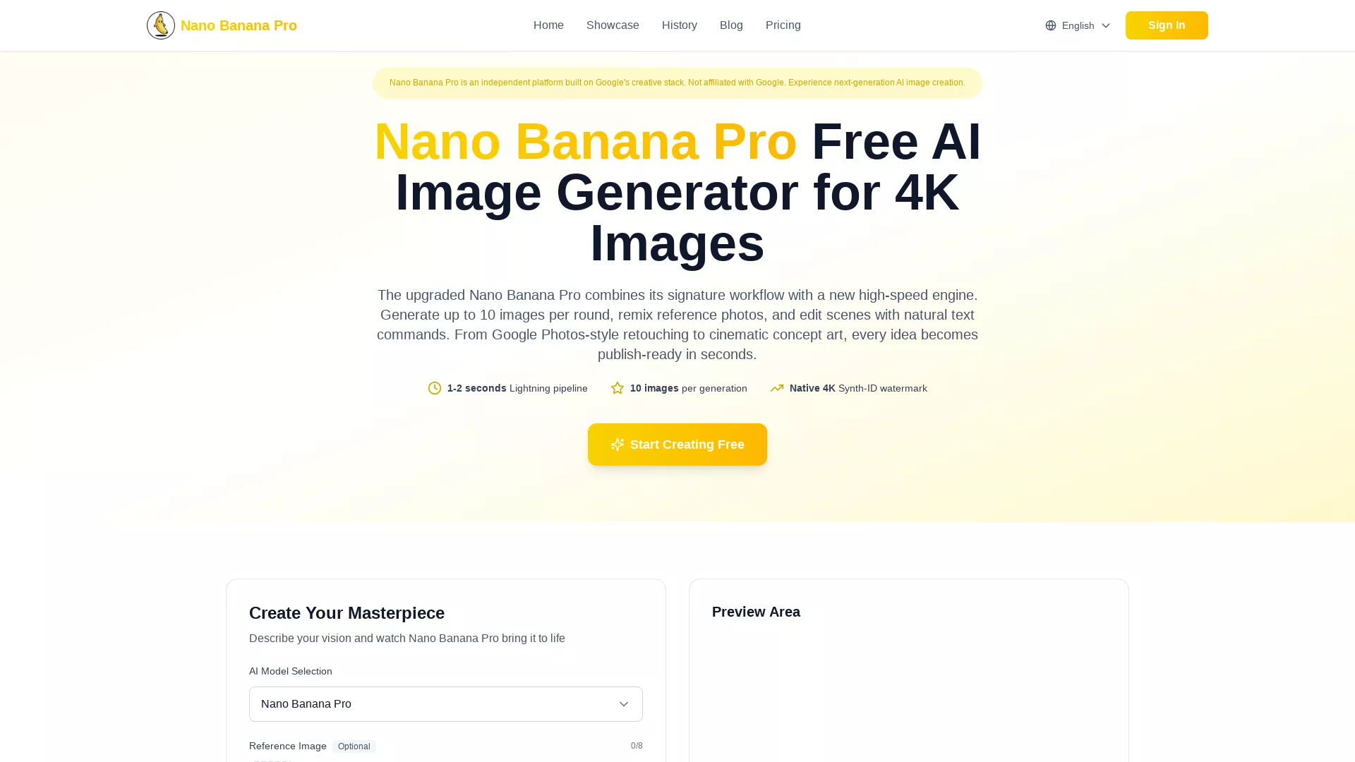 NanoBananaProAI - AI Creative Image Generator Website Screenshot