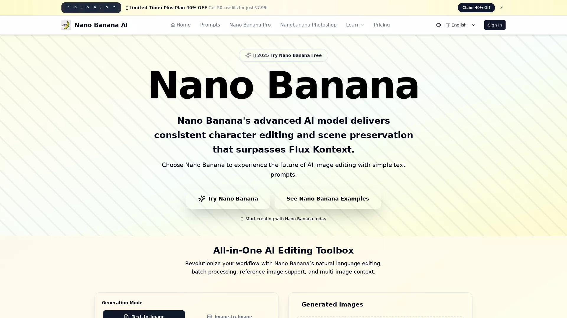NanoBananaAI - AI Image Generation Tool Website Screenshot
