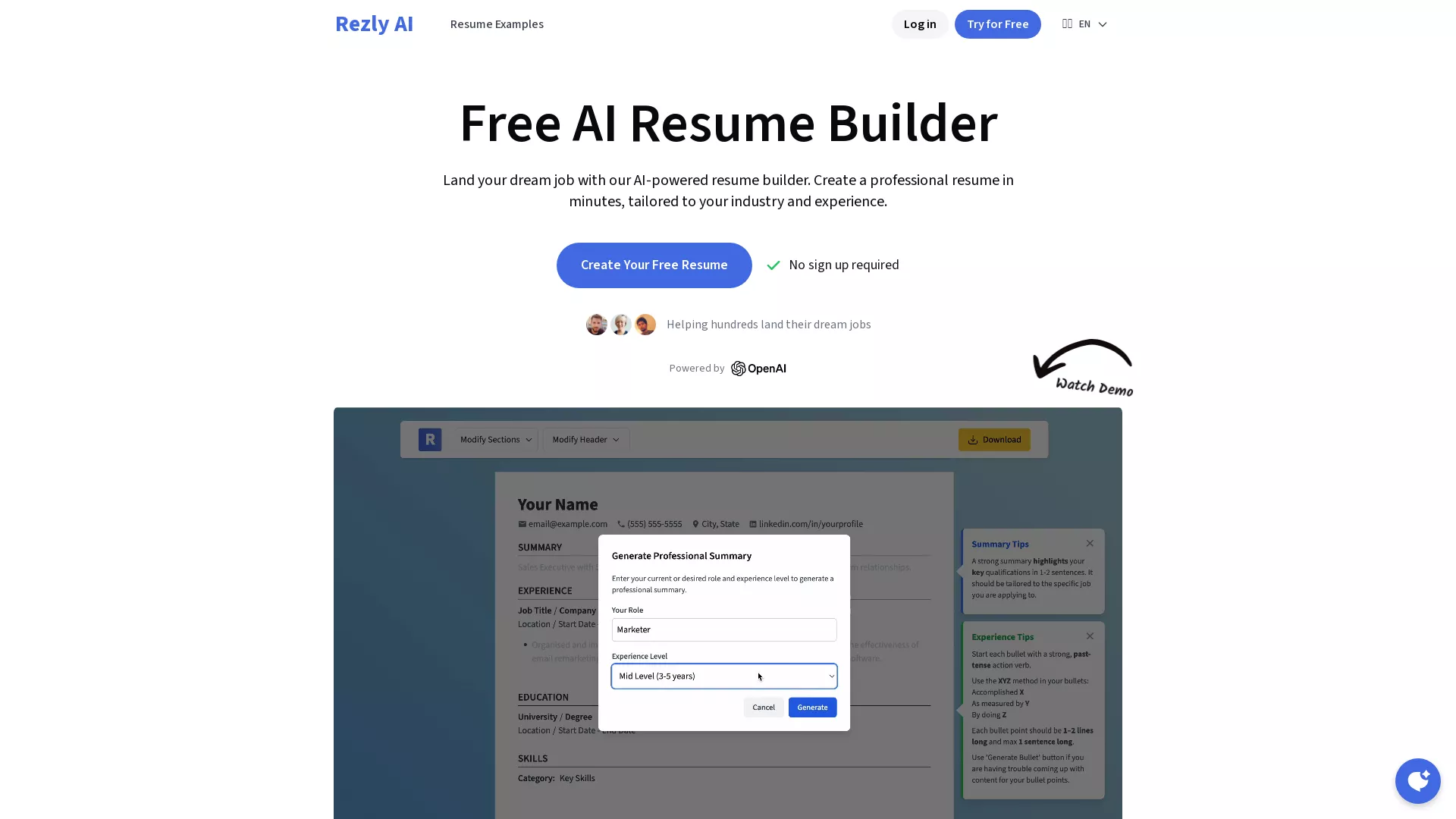RezlyAI - AI Resume Builder Website Screenshot