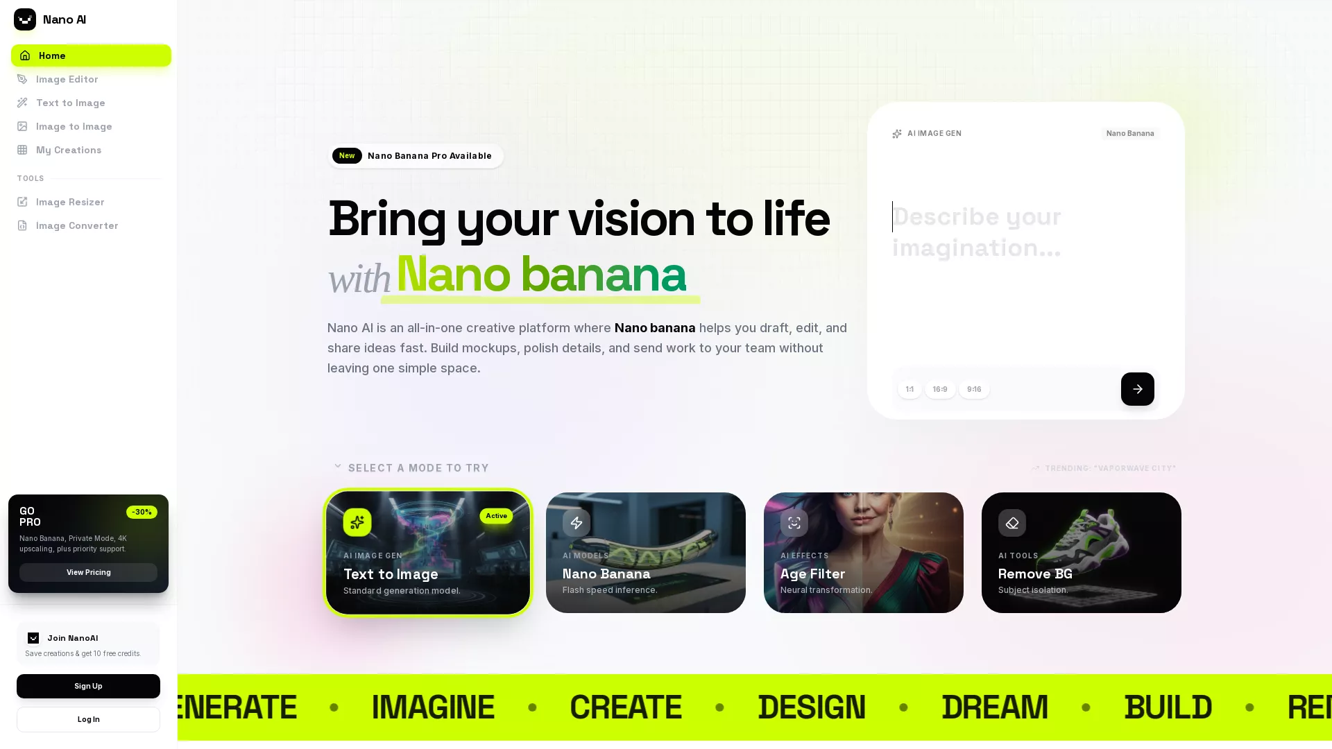 NanoAI - AI Image Generation Editing Website Screenshot