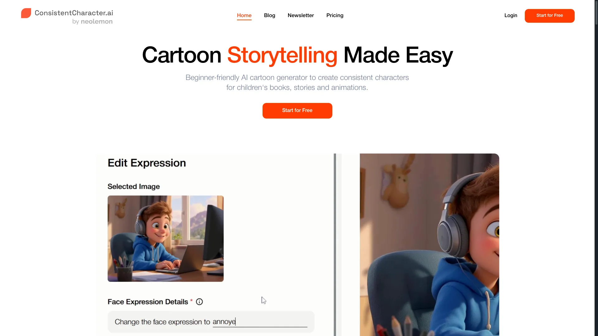 Neolemon - AI Cartoon Character Generator Website Screenshot