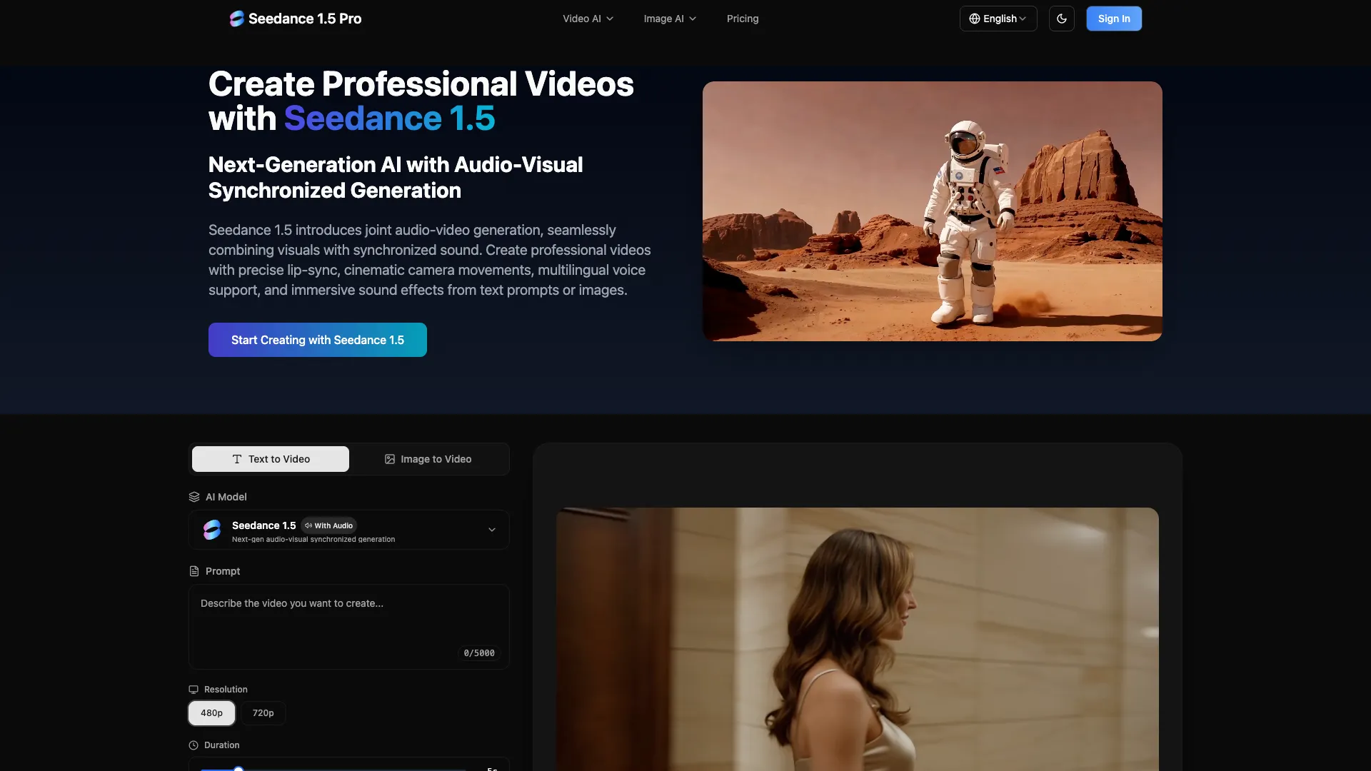 Seedance 1.5 - AI Video Generator Website Screenshot