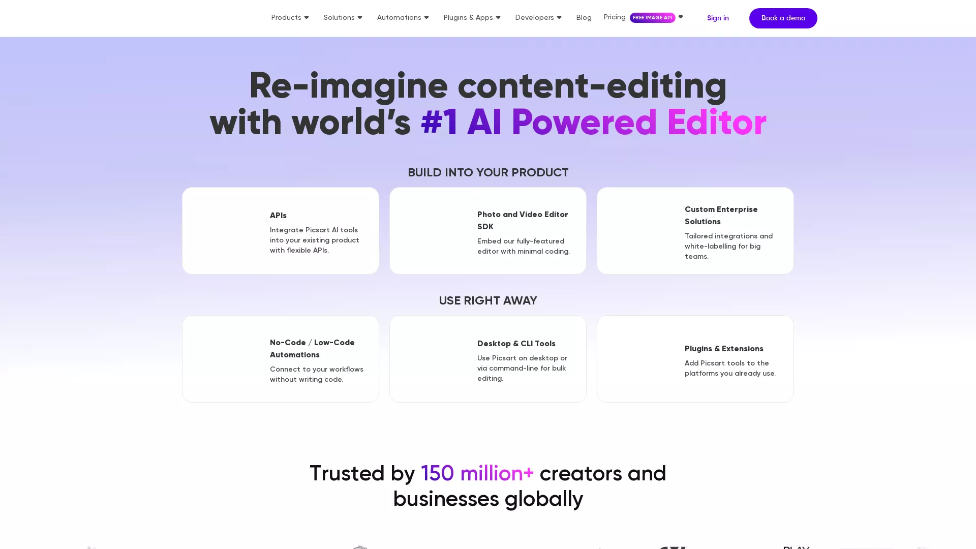 Picsart Creative APIs - Add AI image and video editing to your app: background removal, upscaling, effects, format conversion, generation via API. Website Screenshot