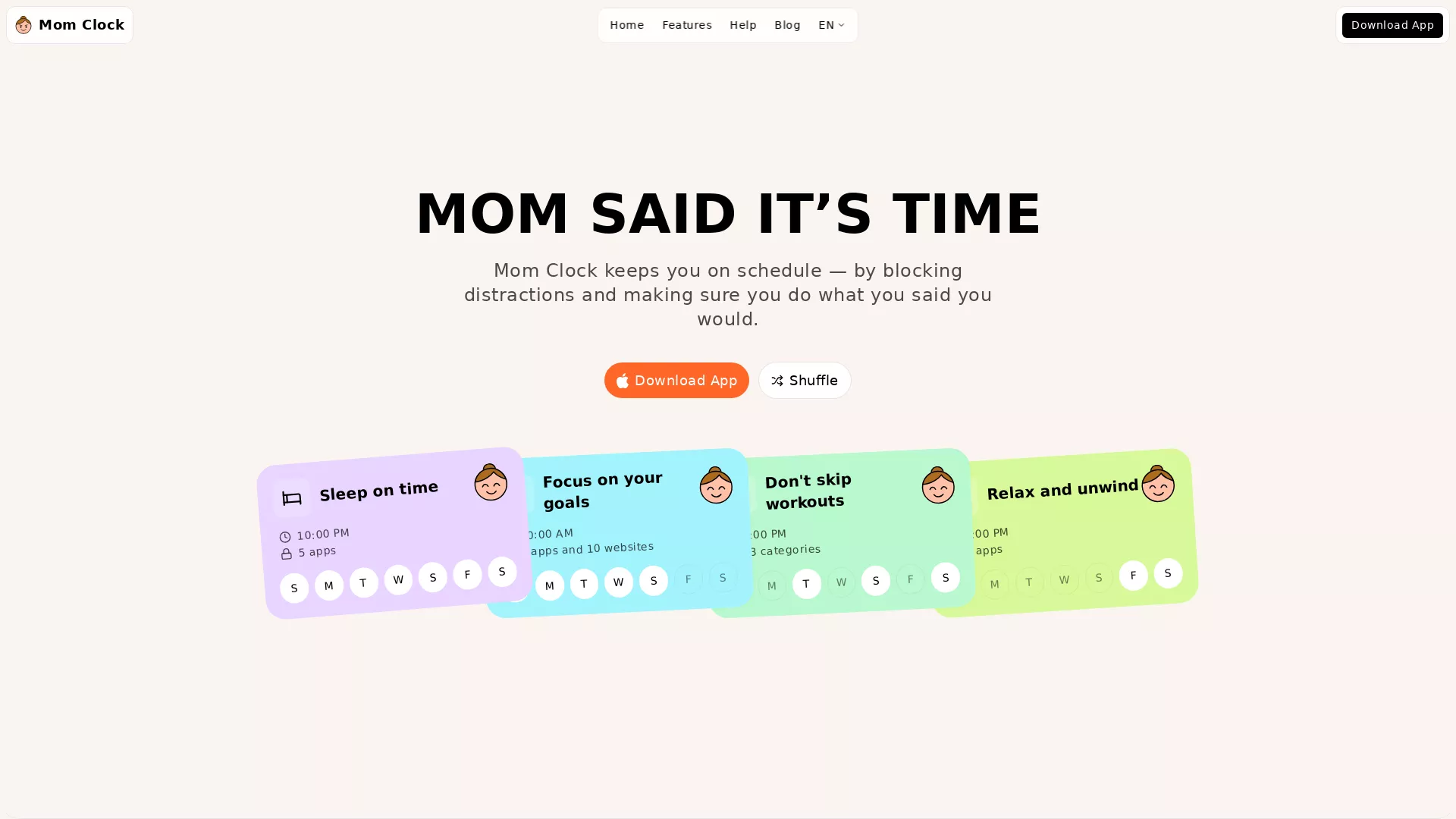 Mom Clock - AI Productivity Tool Website Screenshot