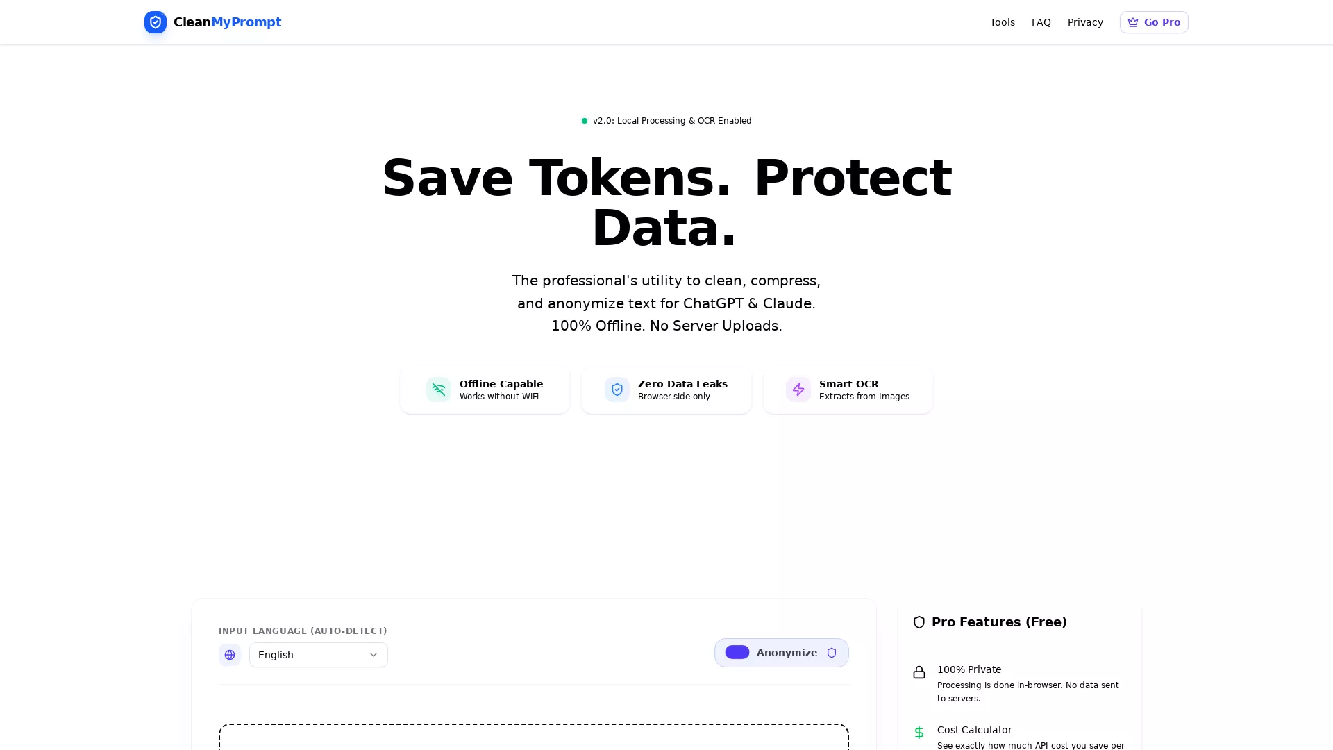 CleanMyPrompt - AI Data Privacy Tool Website Screenshot