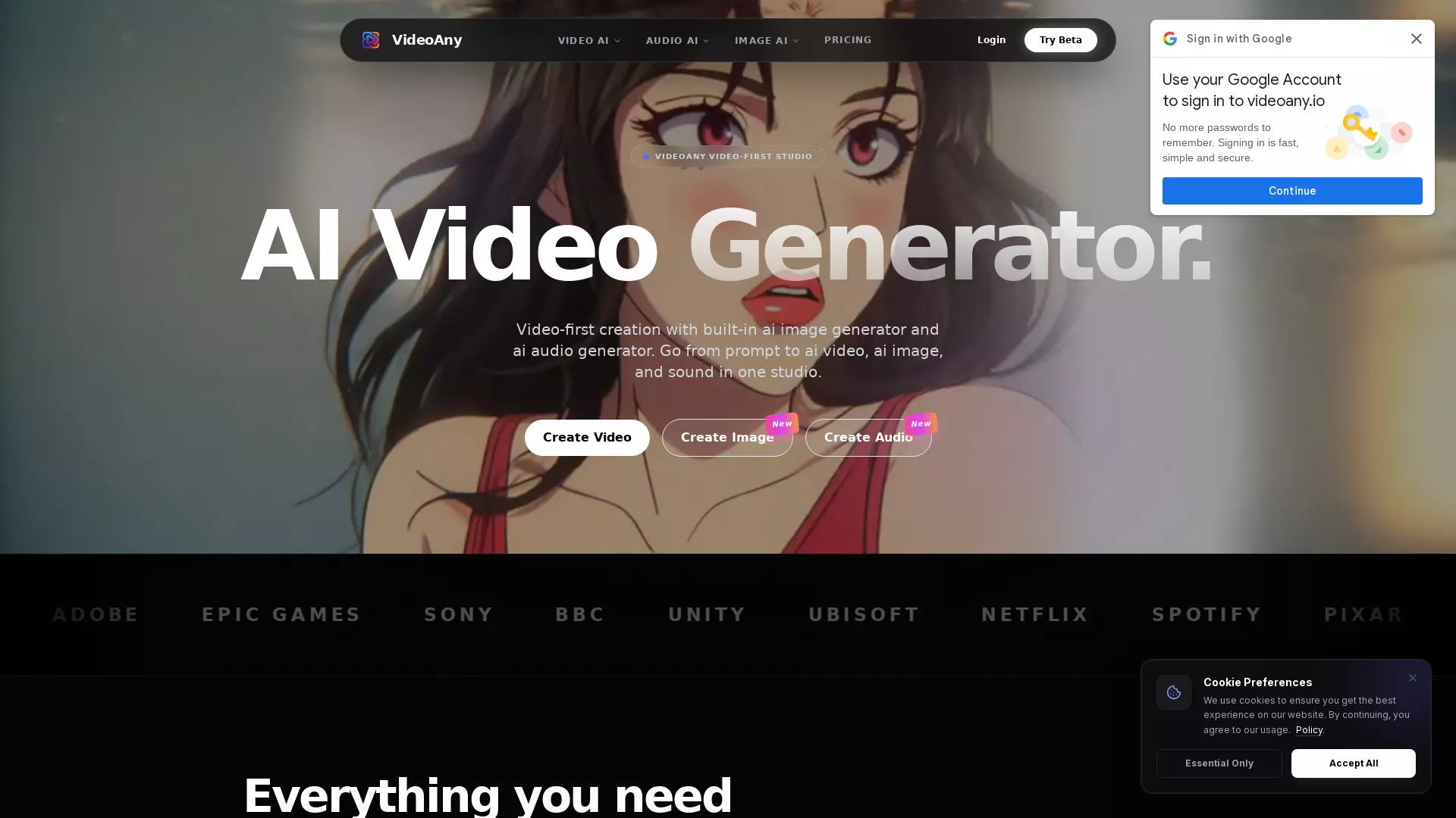 VideoAny - AI Video Creation Website Screenshot