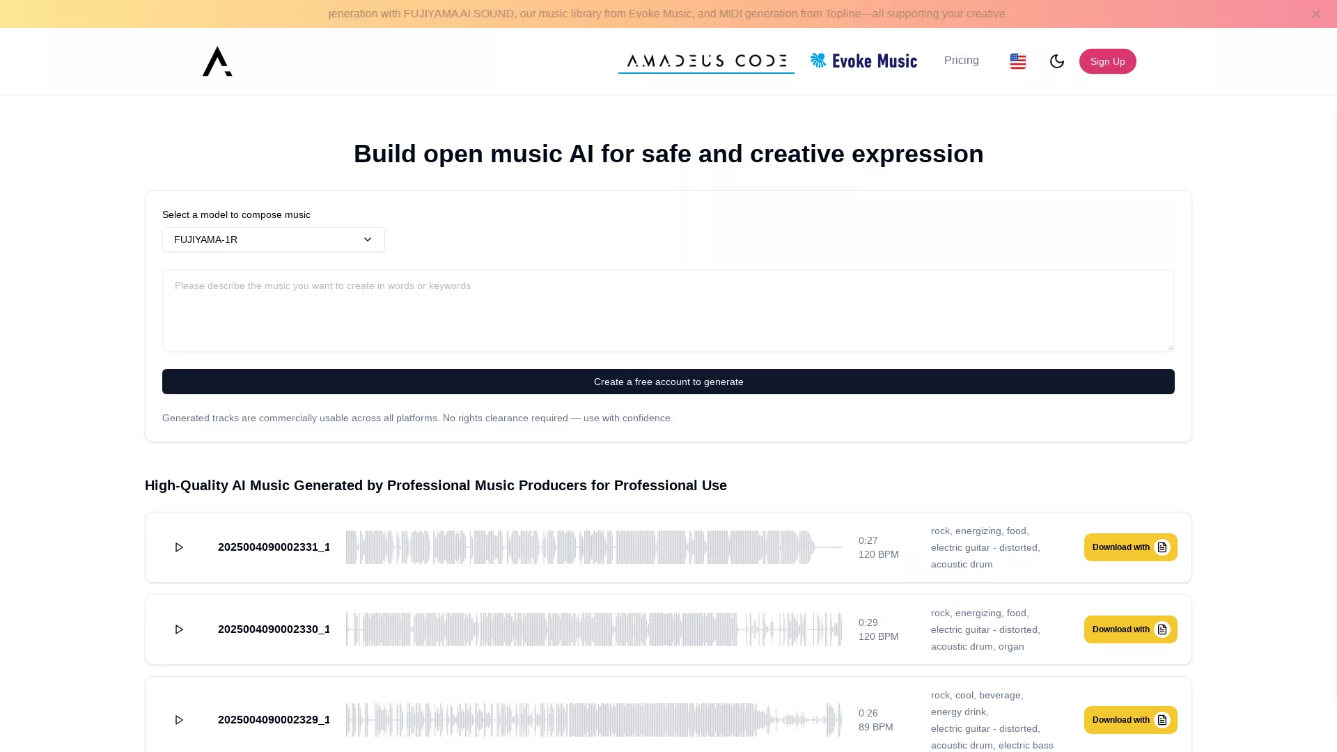 Amadeus Code - AI Music Composition Tool Website Screenshot