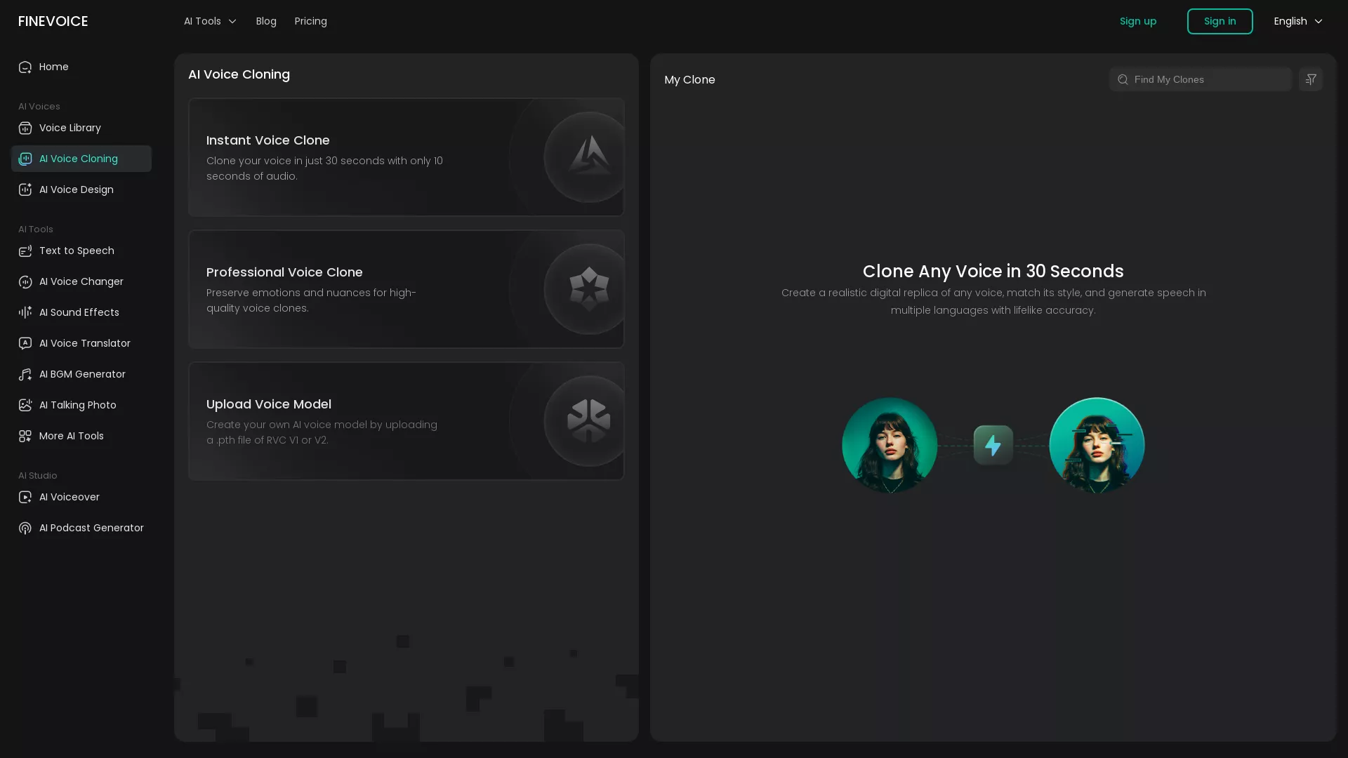 Fineshare SonixTw - AI Voice Cloning Tool Website Screenshot