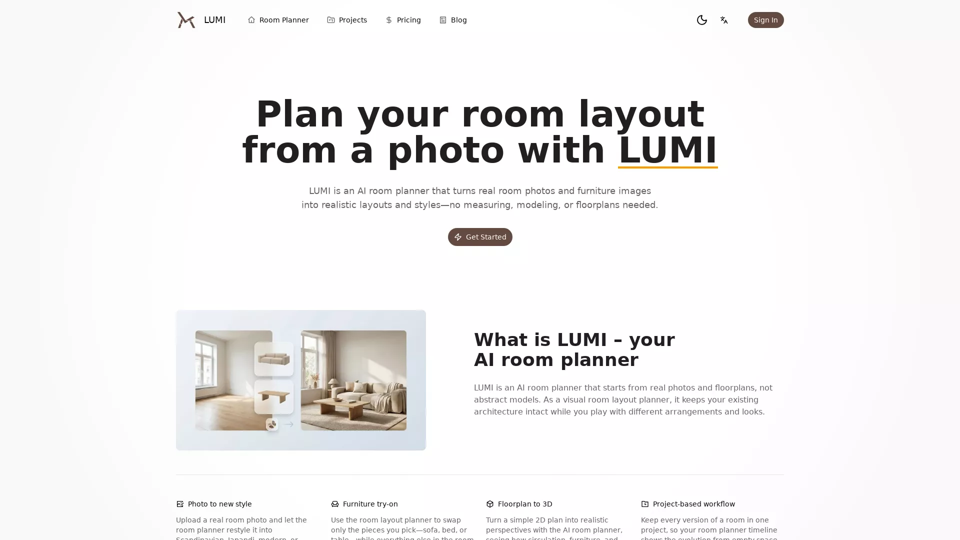 LUMI - AI Room Planner Website Screenshot