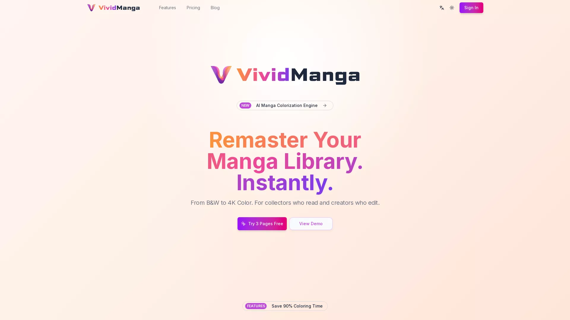 VividManga - AI Manga Colorization Website Screenshot