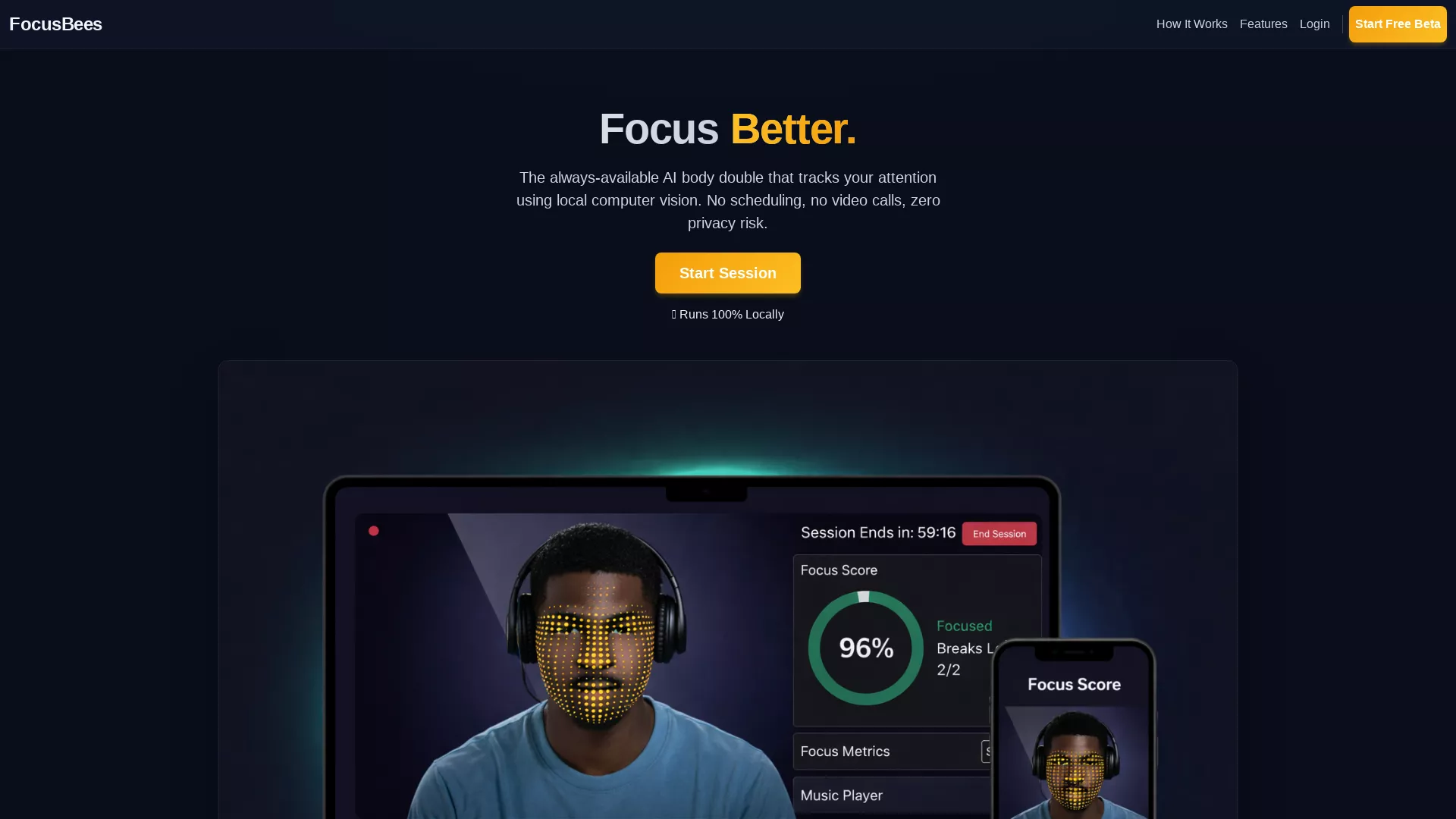 FocusBees - AIBodyDoubling Website Screenshot
