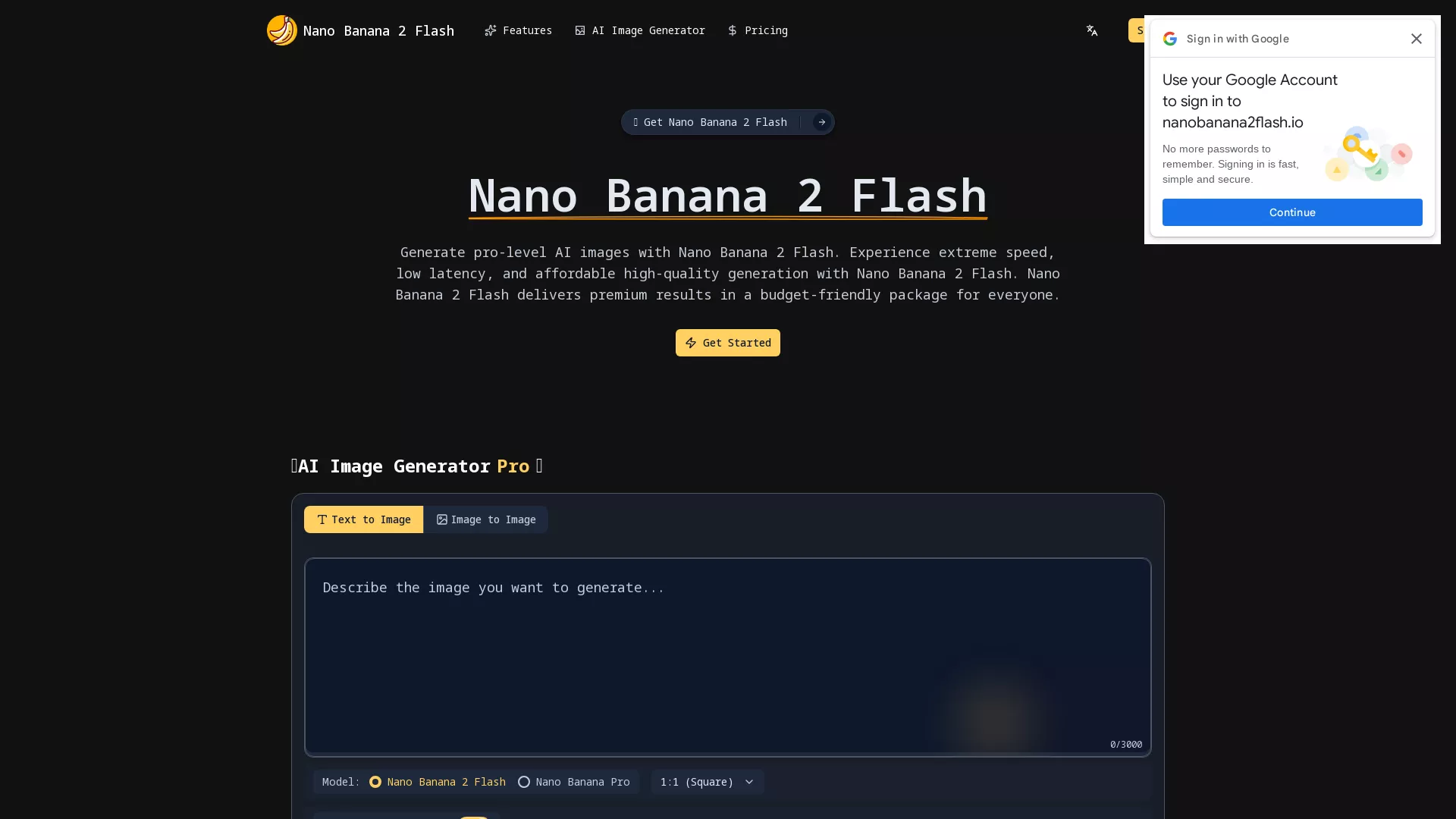 NanoBanana2Flash - AI Image Generation Tool Website Screenshot