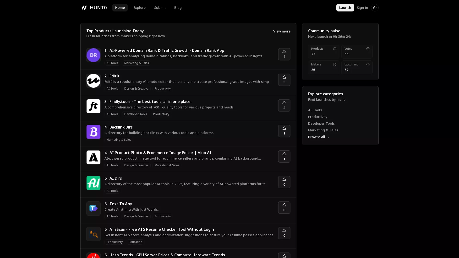 HUNT0 - Product Launch Promotion Platform Website Screenshot