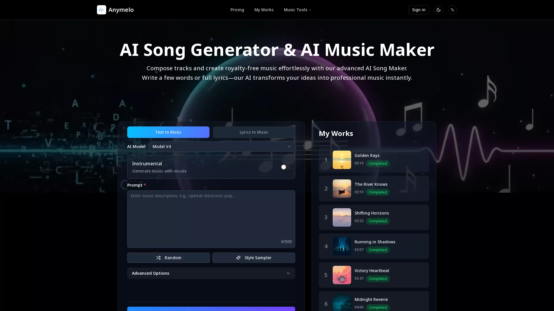 Anymelo - AI Music Generator Website Screenshot
