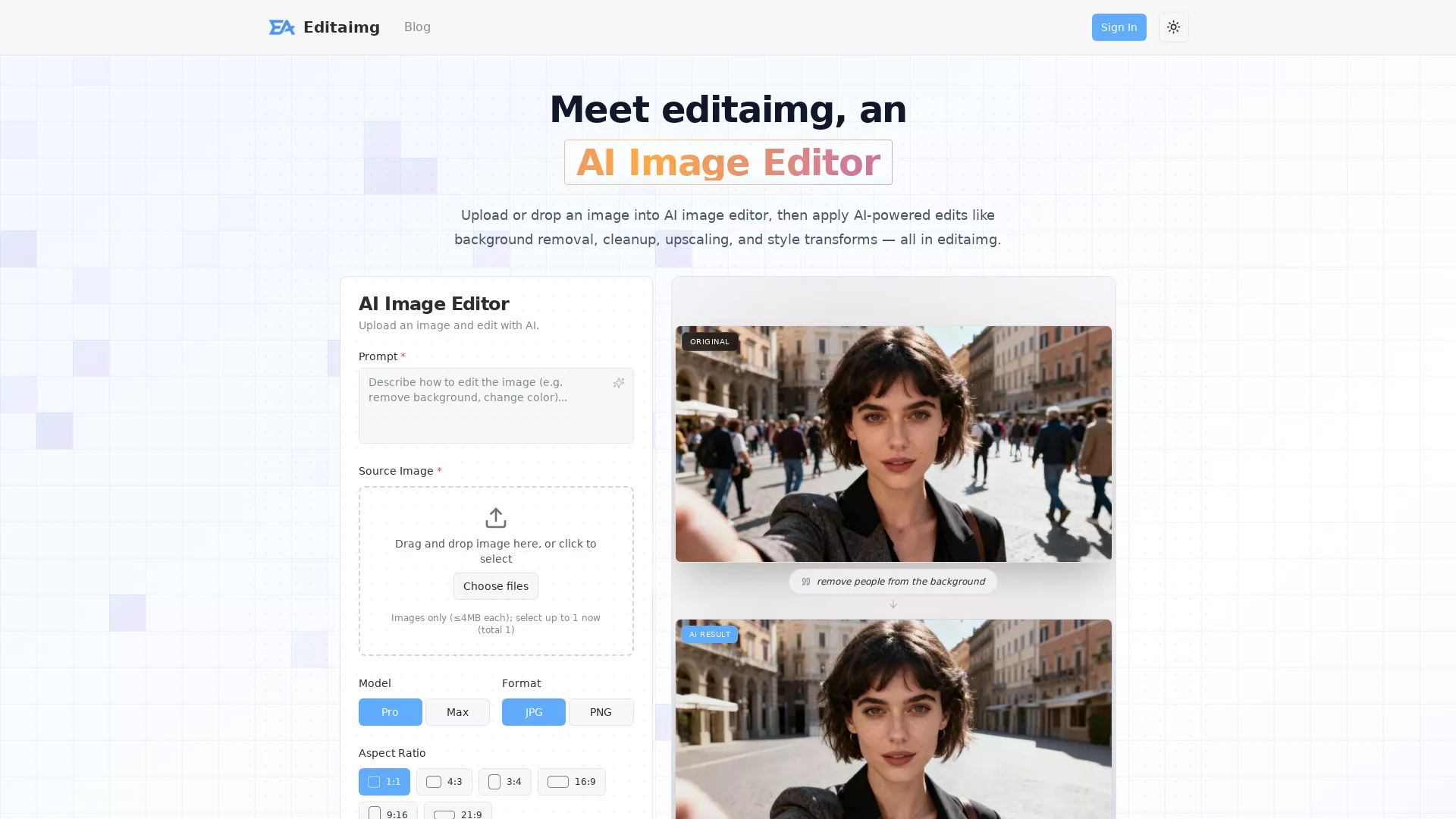 Editaimg - AI Image Editing Tool Website Screenshot