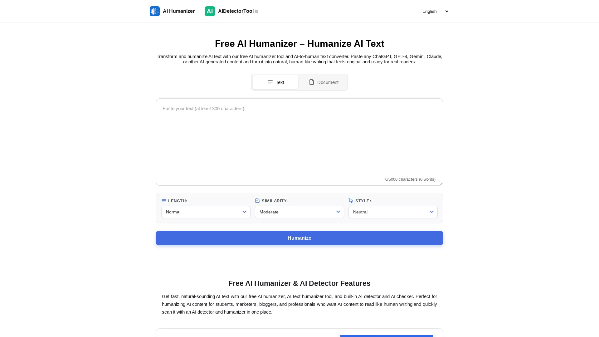 HumanizerTool - AI Text Rewriter Website Screenshot
