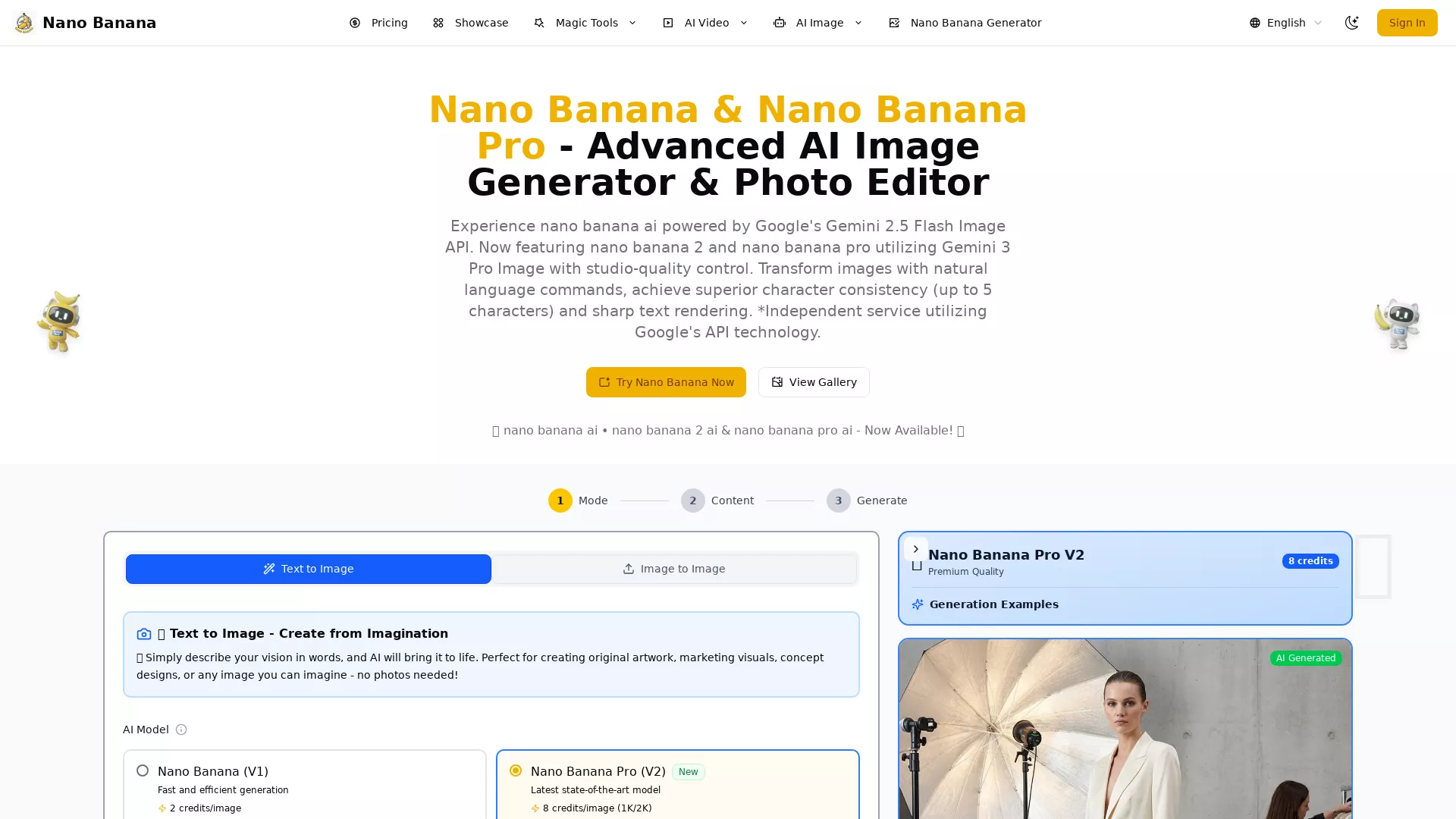 NanoBananaAI - AI Image Generation Tool Website Screenshot