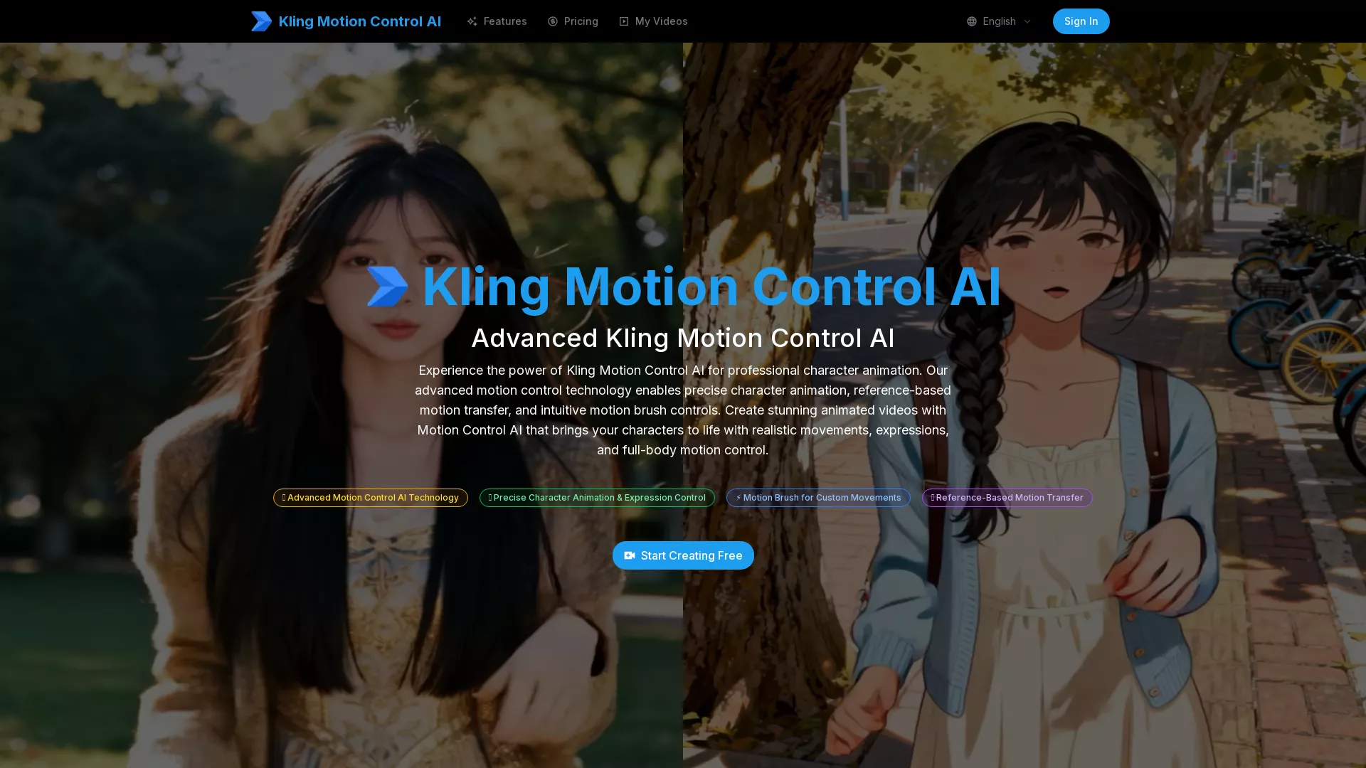 KlingMotionControlAI - AI Character Animation Platform Website Screenshot