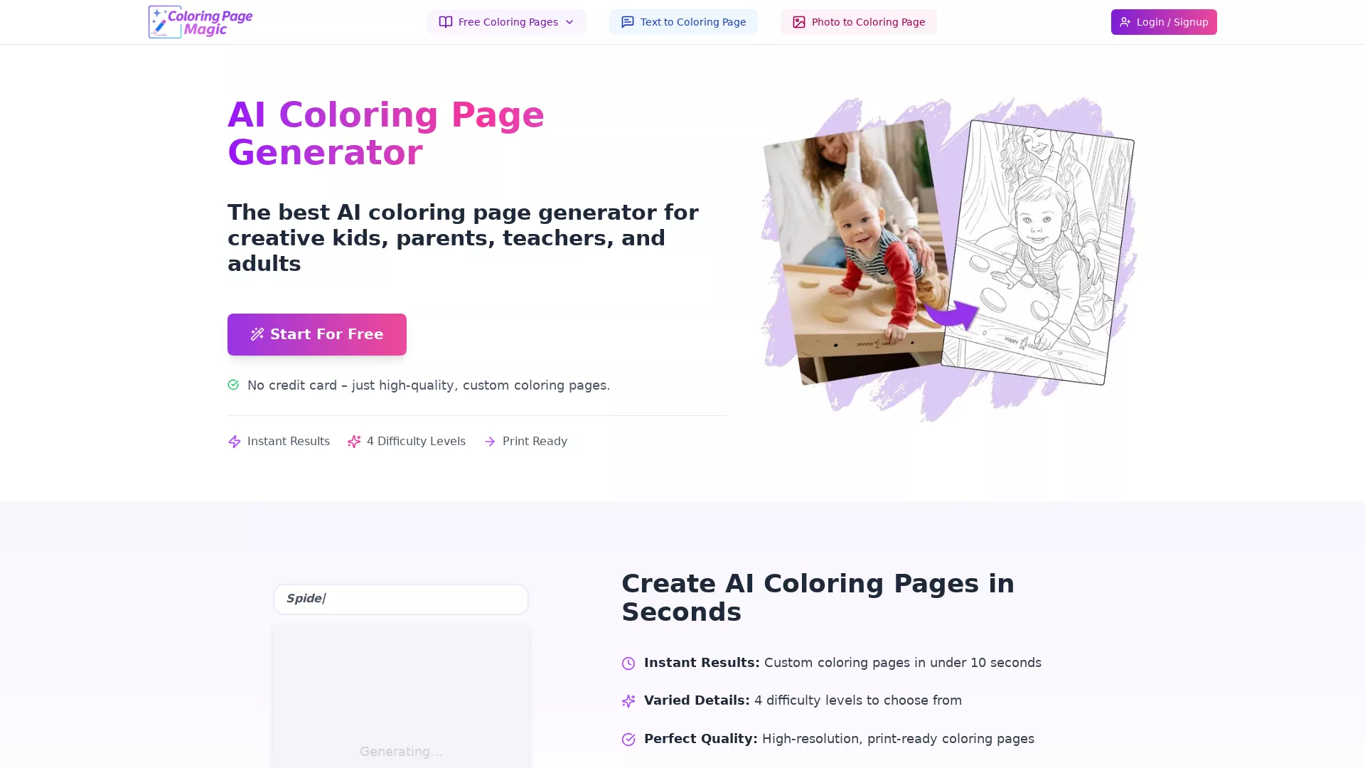 ColoringPageMagic - AI Coloring Page Generator Website Screenshot
