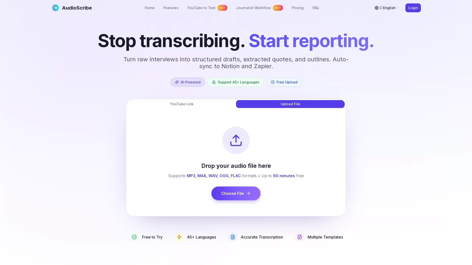 AudioScribe - AI Transcription Tool Website Screenshot