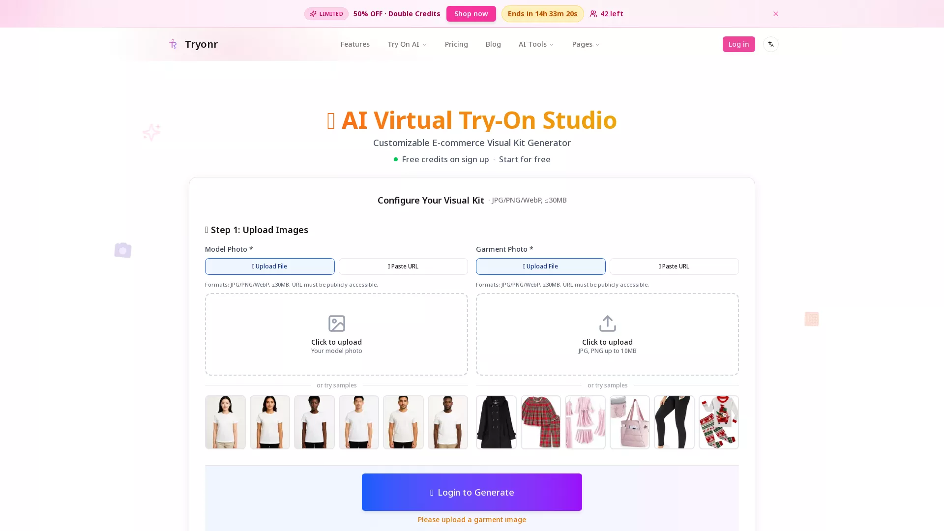 Tryonr - AI Product Photography Studio Website Screenshot
