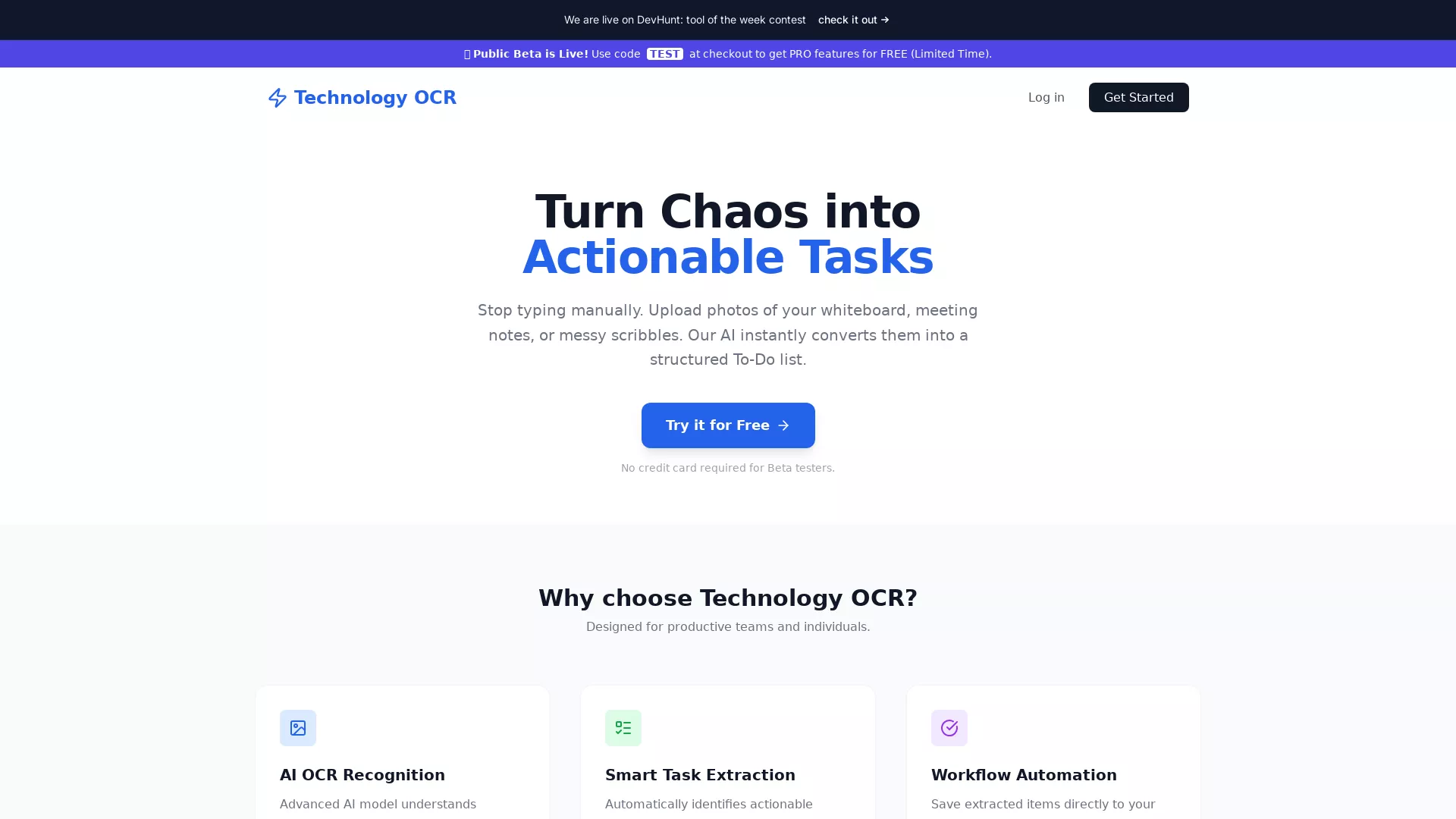 TechnologyOcr - AI OCR Task Organizer Website Screenshot