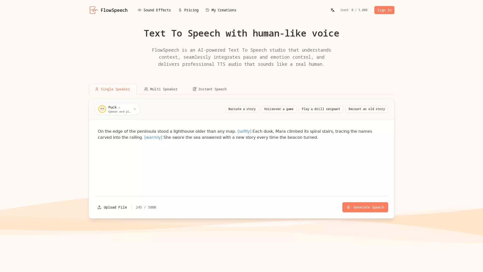 FlowSpeech - AI Text To Speech Tool Website Screenshot