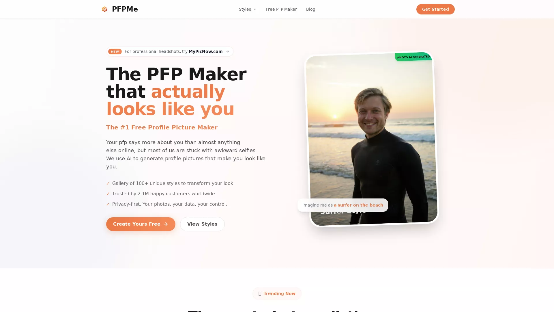 PFPMe - AI Profile Picture Generator Website Screenshot