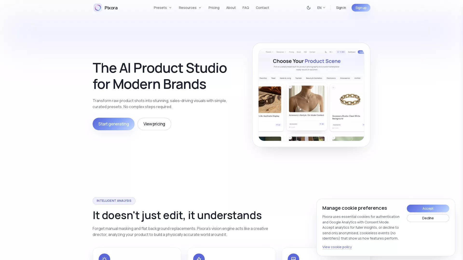Pixora - AI Product Photography Website Screenshot